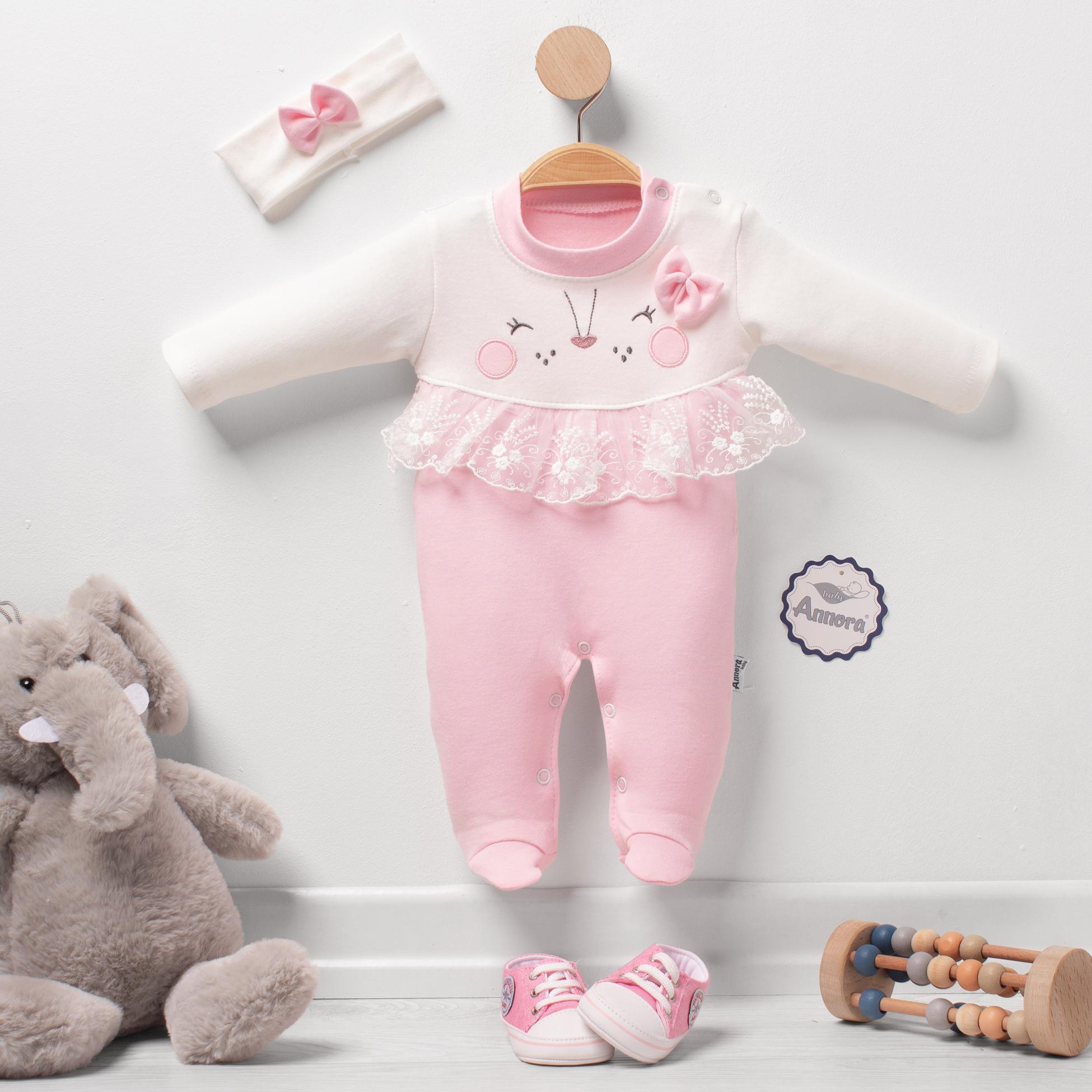 Fiyonklu Güpürlü Tavşan Kız Bebek Tulumu