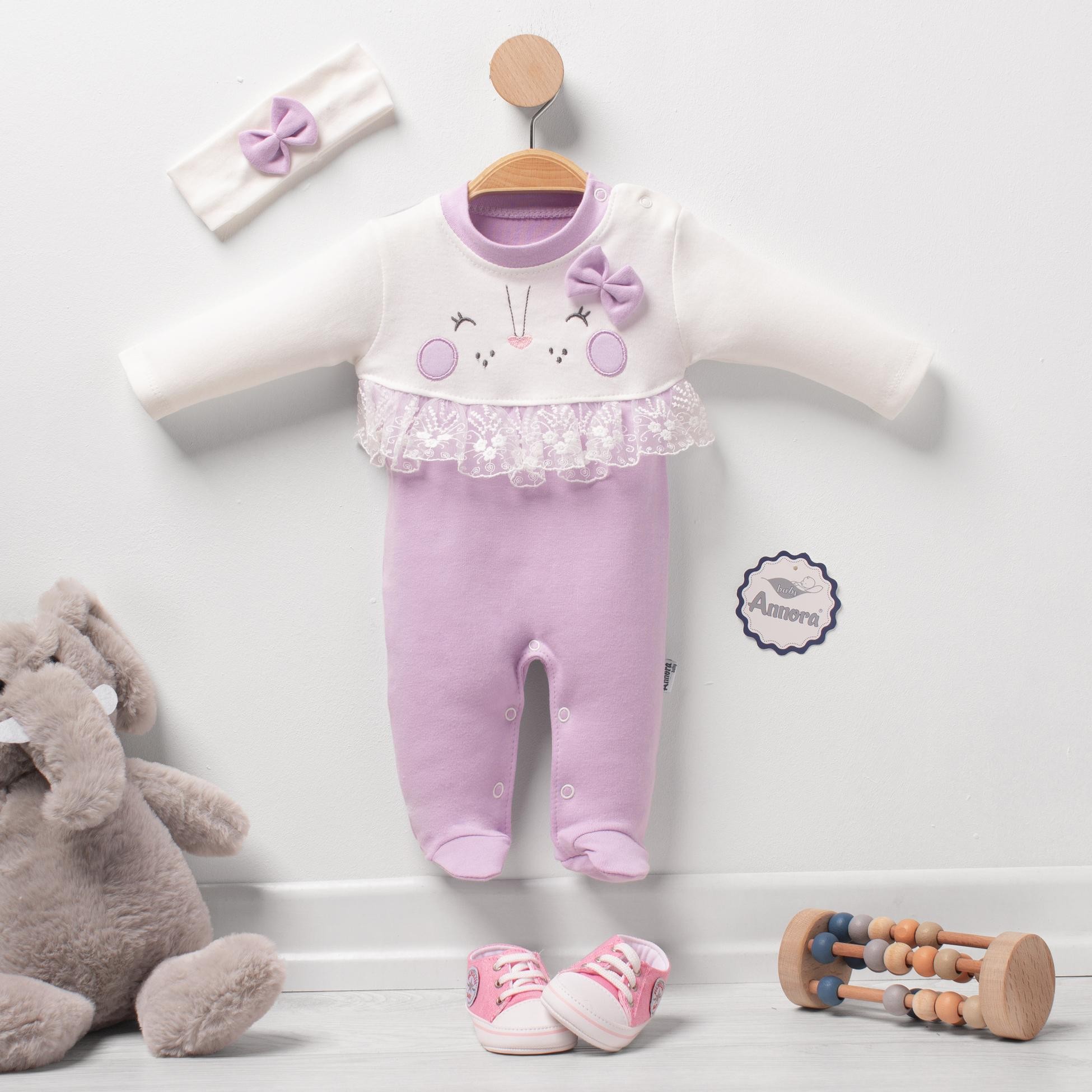 Fiyonklu Güpürlü Tavşan Kız Bebek Tulumu