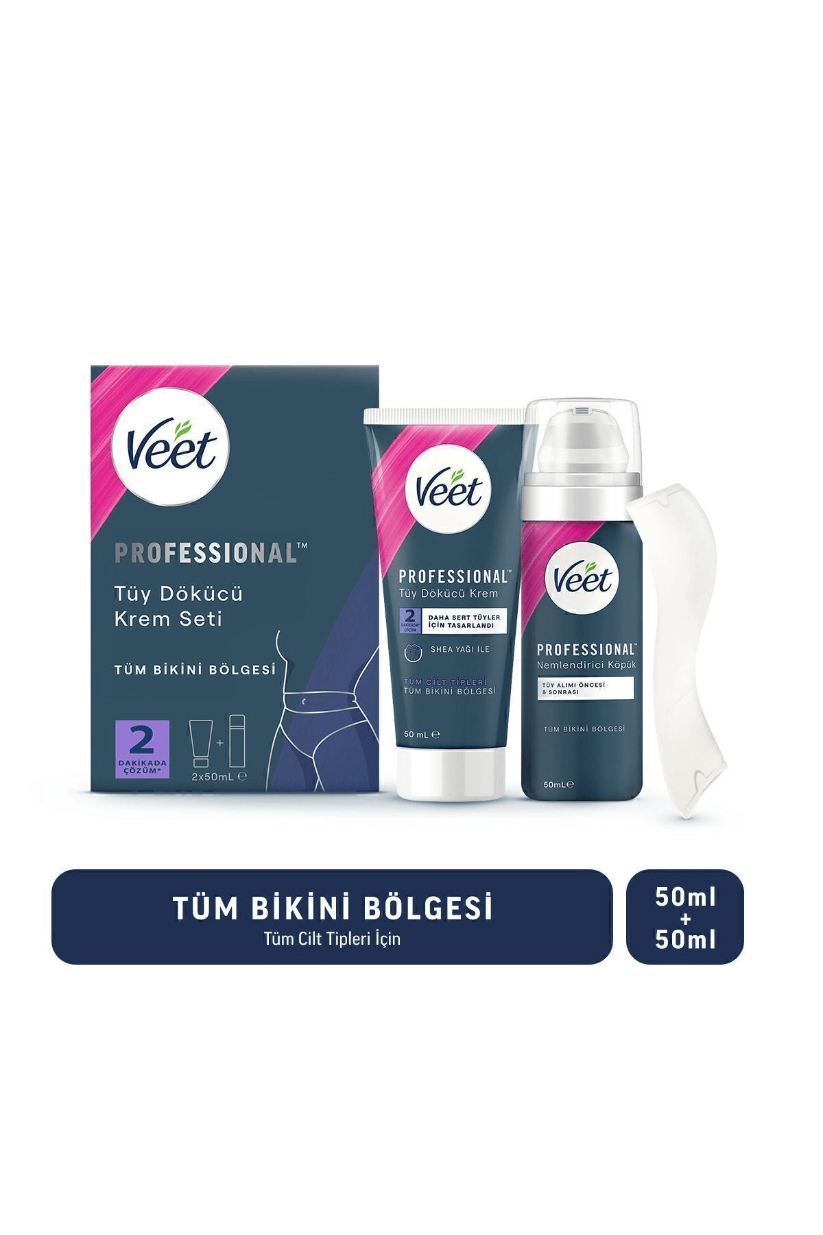 Veet Professional Tüm Bikini Bölgesi Tüy Dökücü Krem Seti 50ml+50ml (Tüy Dökücü Krem+ Nemlendirici Köpük)