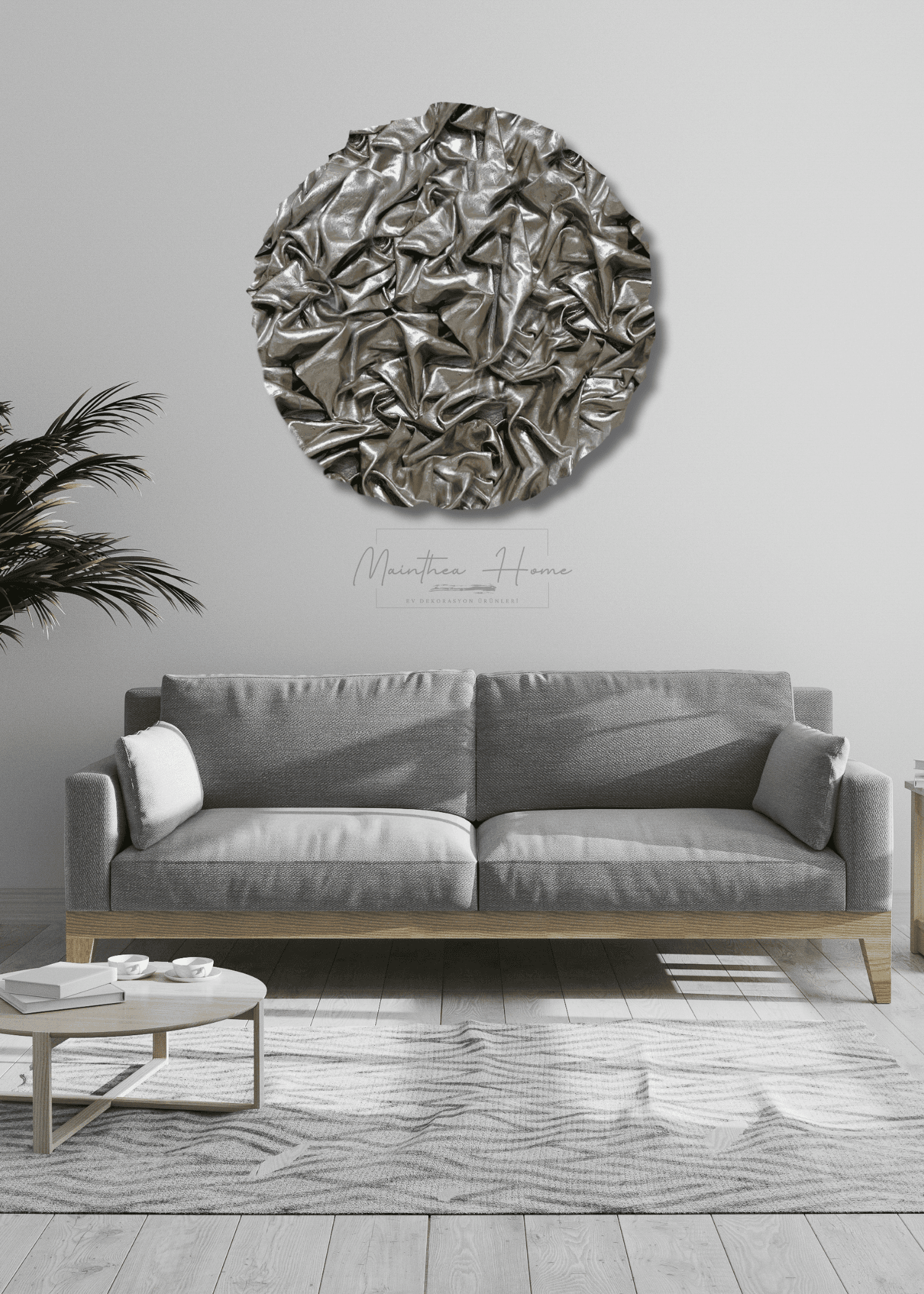 Dokulu Yuvarlak Alçı Tablo Sis Dalgası | El Yapımı 3D Dekoratif Duvar Tablosu Metalik - Barok image