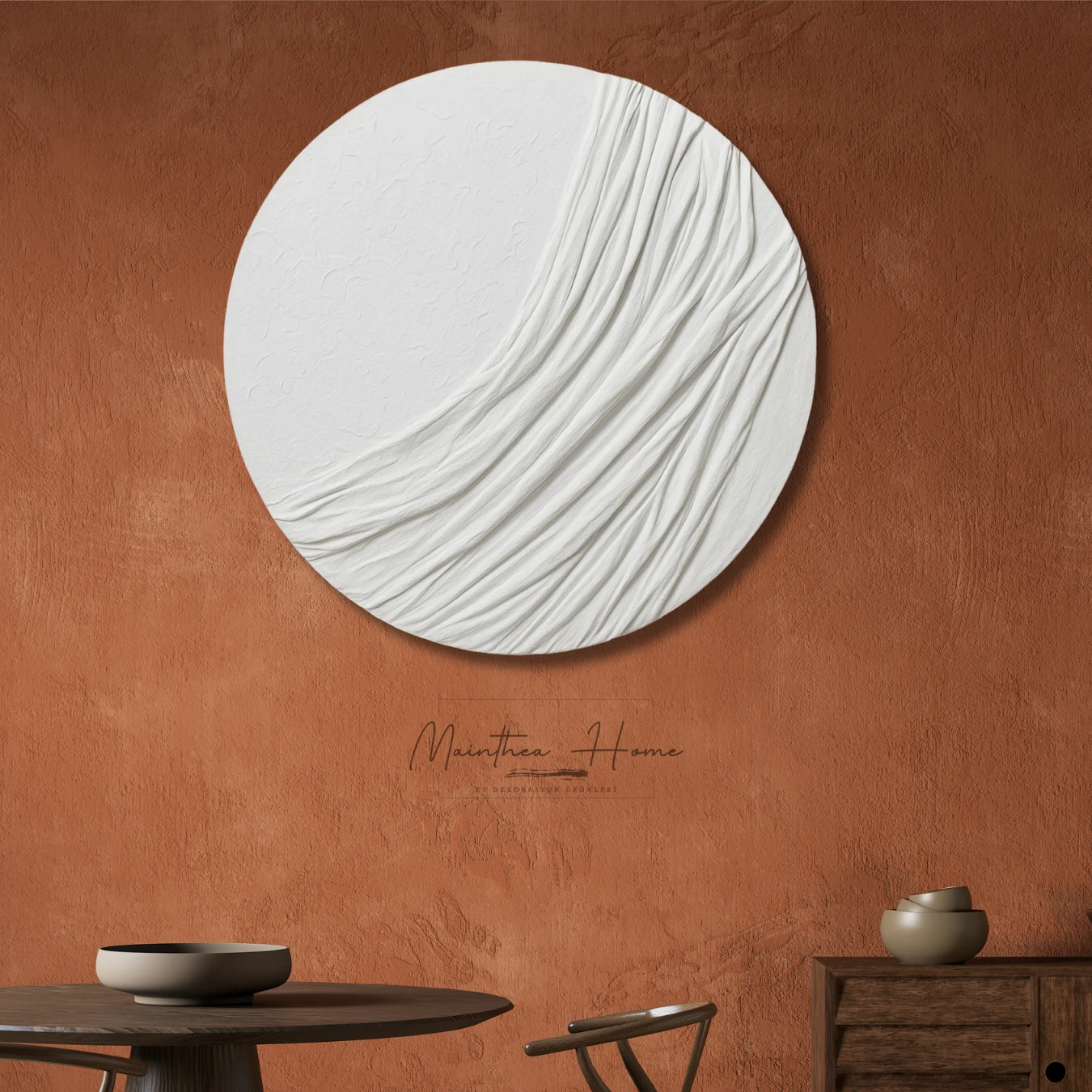 Dokulu Yuvarlak Alçı Tablo Ayın Yansısı | El Yapımı 3D Dekoratif Duvar Tablosu - Beyaz image