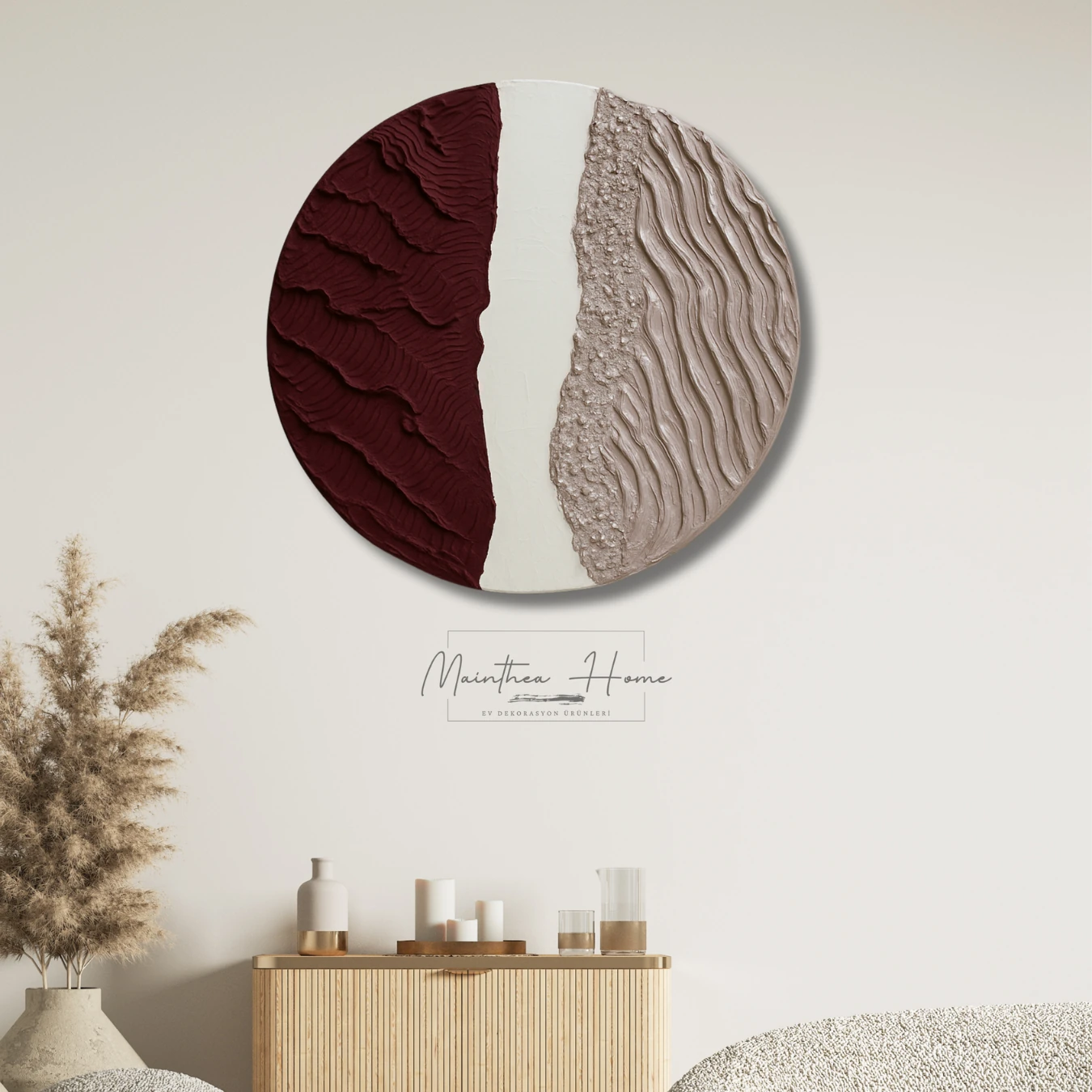Dokulu Yuvarlak Alçı Tablo JeoForm | El Yapımı 3D Dekoratif Duvar Tablosu Metalik
