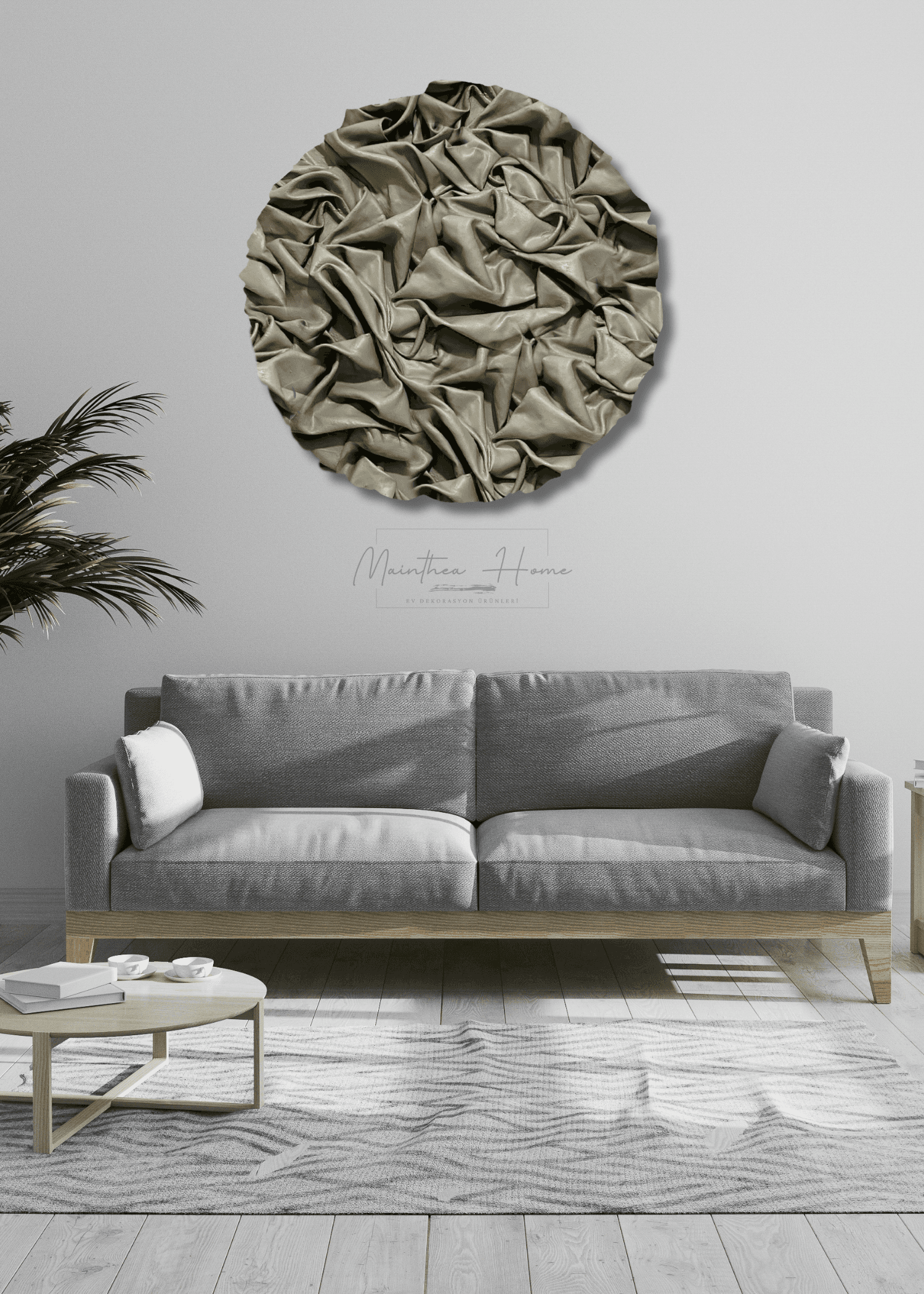 Dokulu Yuvarlak Alçı Tablo Sis Dalgası | El Yapımı 3D Dekoratif Duvar Tablosu - Antik Bej image