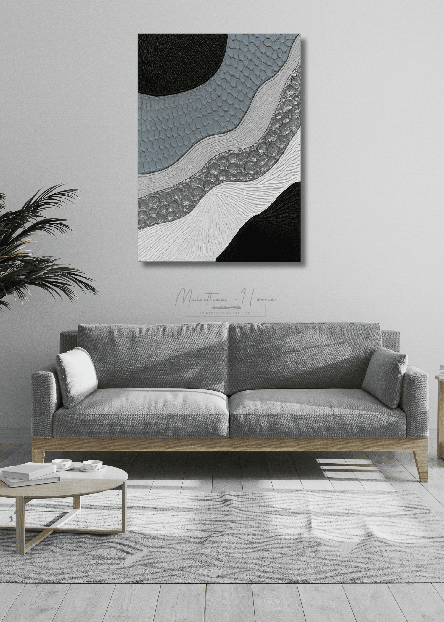 Dokulu Alçı Tablo – Monokrom Dalga | El Yapımı 3D Dekoratif Duvar Tablosu - Siyah