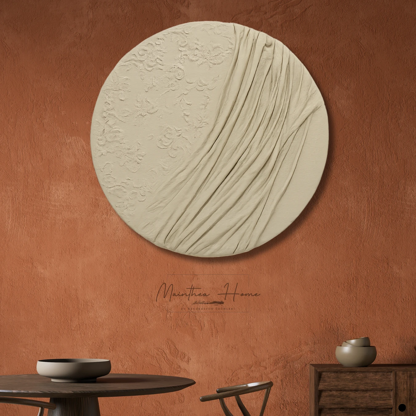 Dokulu Yuvarlak Alçı Tablo Ayın Yansısı | El Yapımı 3D Dekoratif Duvar Tablosu - Ladin image