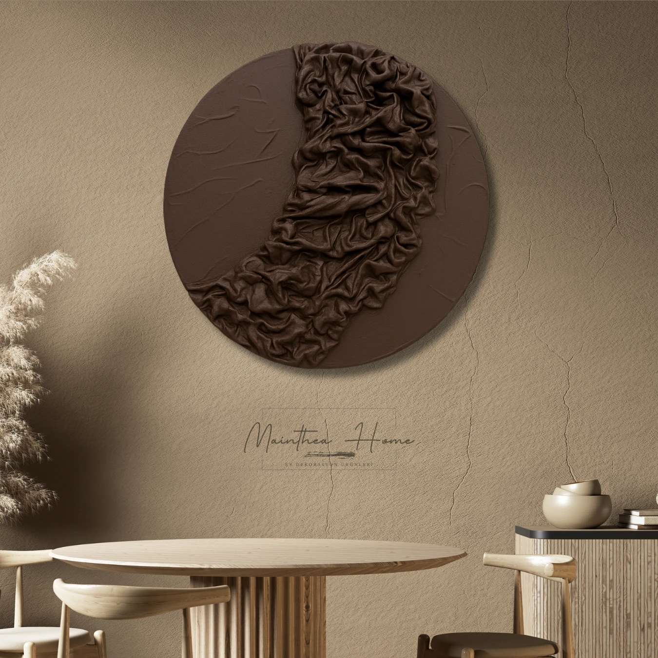 Dokulu Yuvarlak Alçı Tablo Bulut Örtüsü | El Yapımı 3D Dekoratif Duvar Tablosu - Kahve image