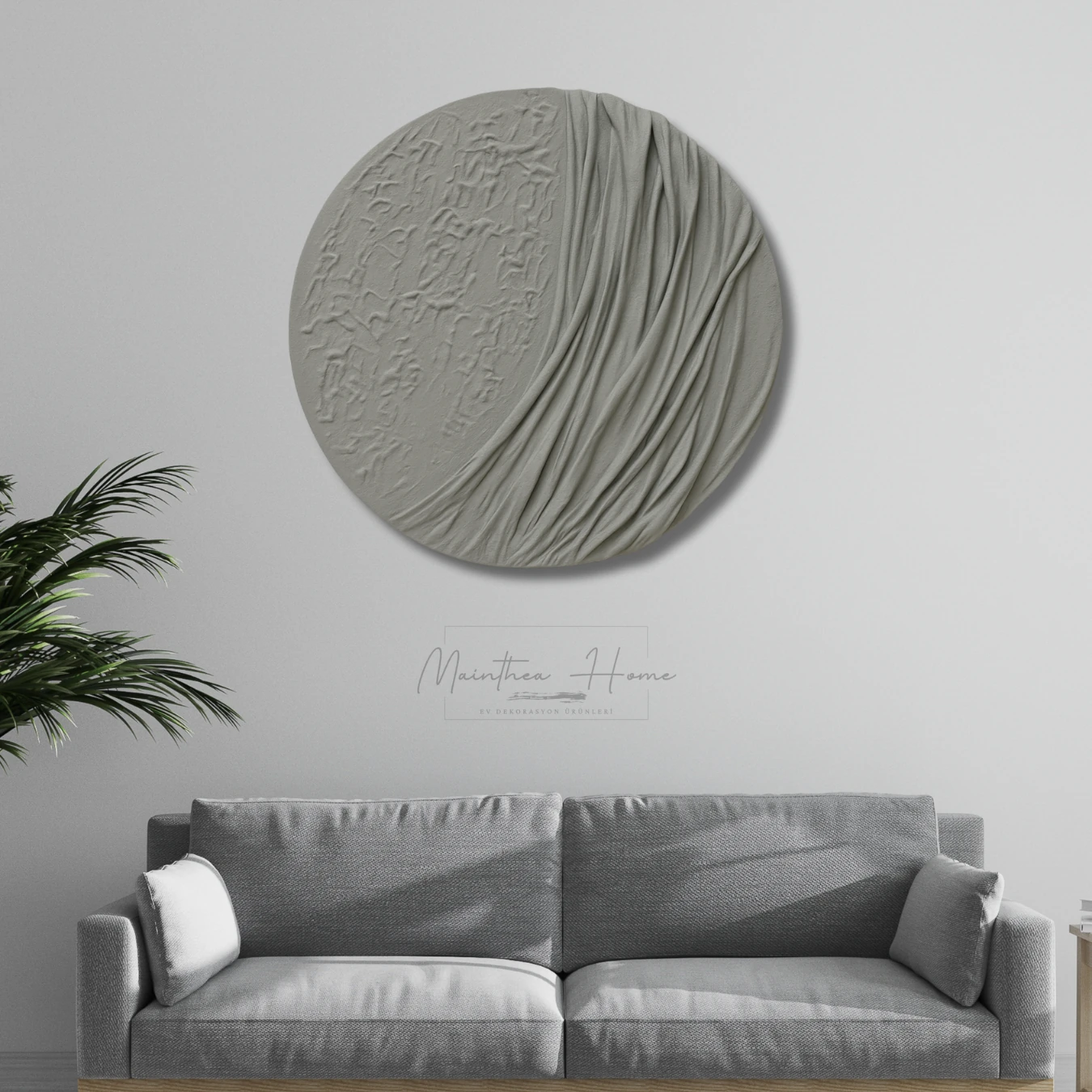 Dokulu Yuvarlak Alçı Tablo Ayın Yansısı | El Yapımı 3D Dekoratif Duvar Tablosu - Vizon Gri image