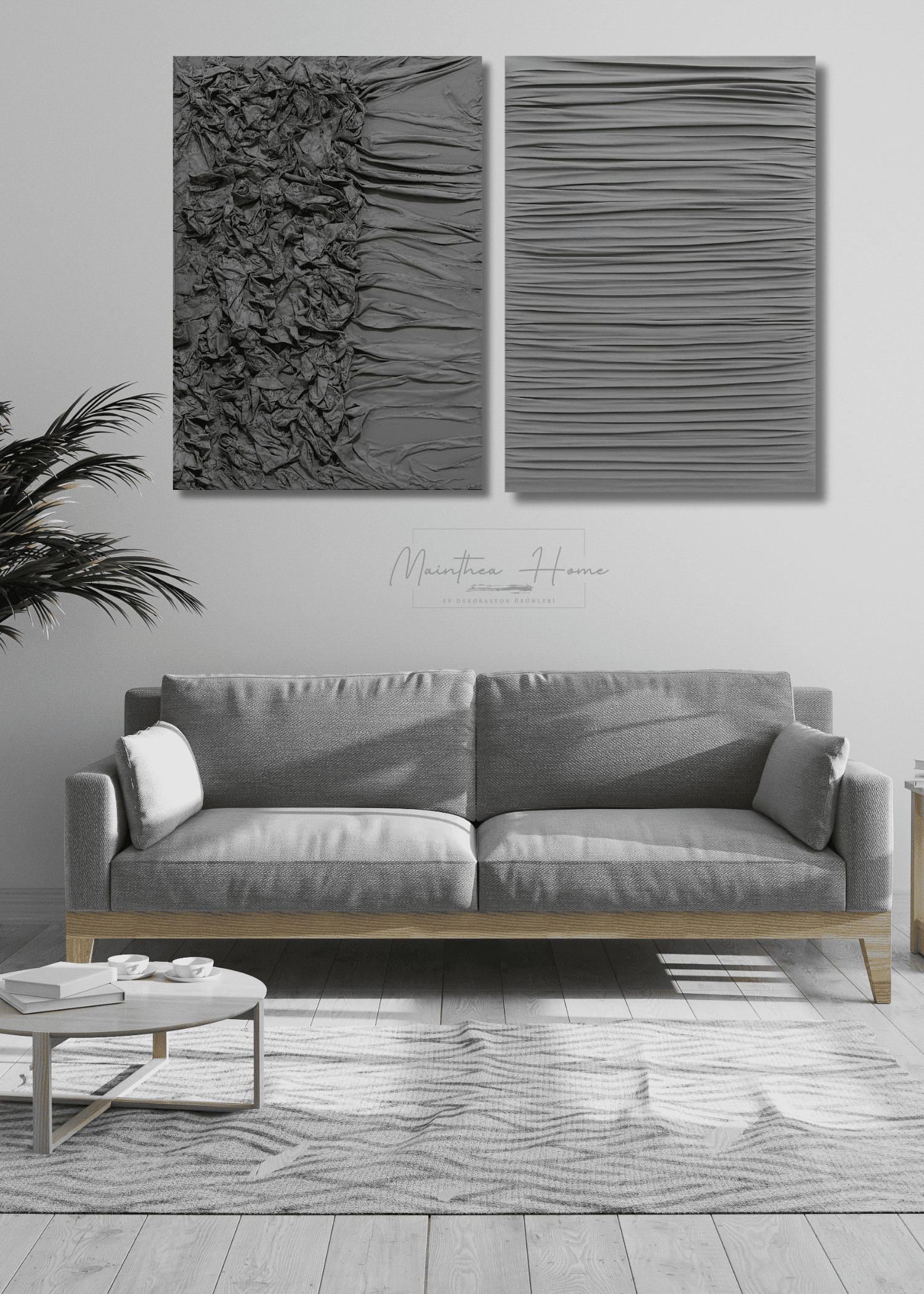2'li Dokulu Alçı Tablo Bilinç Ötesi | El Yapımı 3D Dekoratif Duvar Tablosu - Gri image