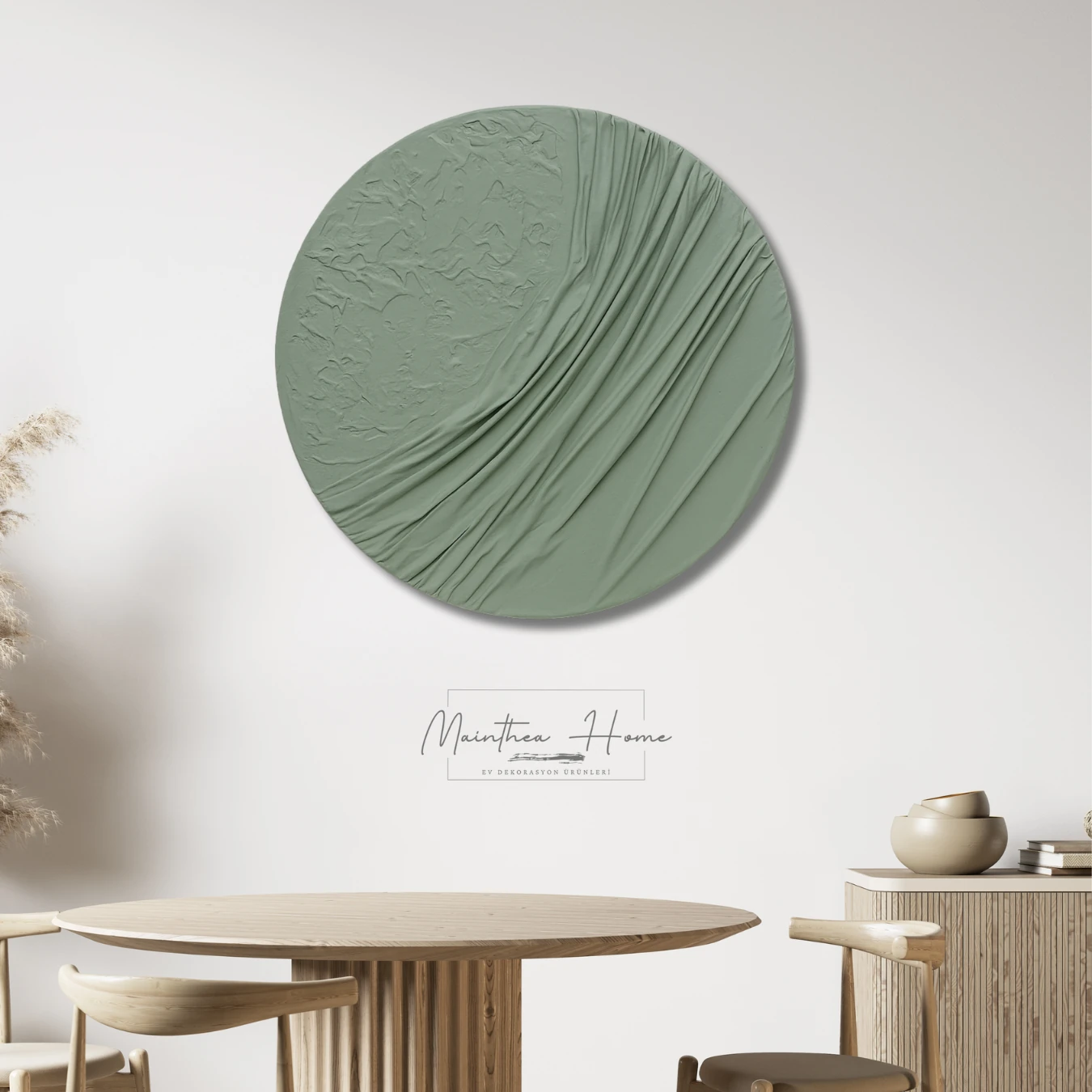 Dokulu Yuvarlak Alçı Tablo Ayın Yansısı | El Yapımı 3D Dekoratif Duvar Tablosu - Çağla Yeşili image