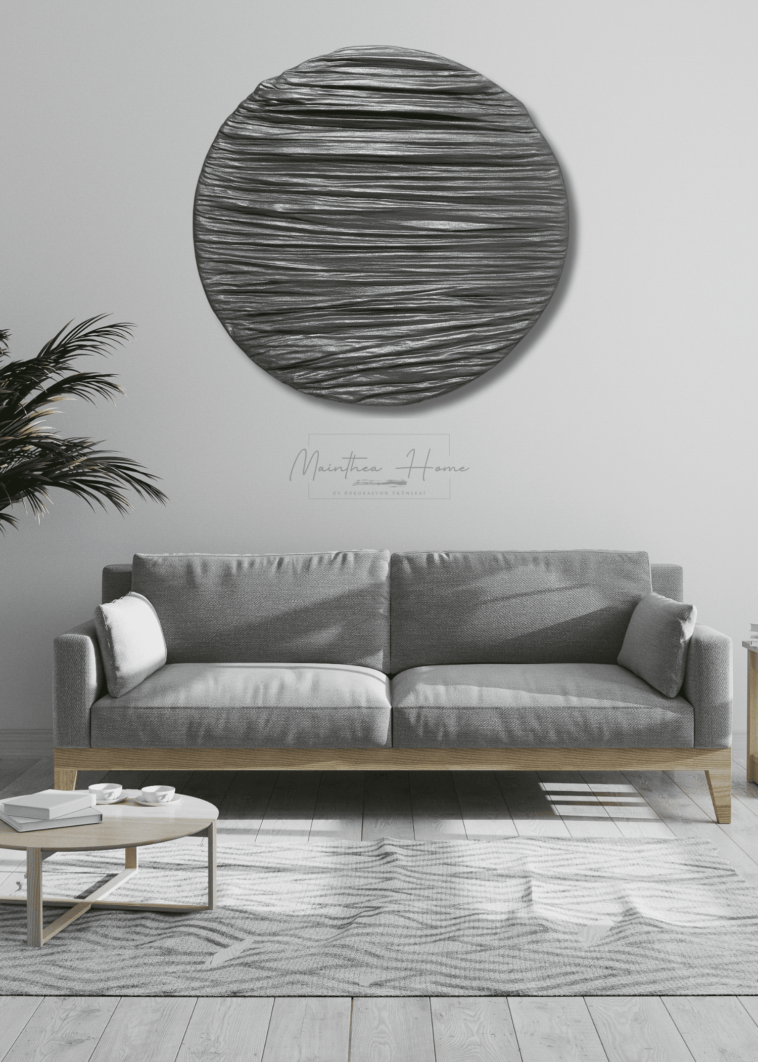Dokulu Yuvarlak Alçı Tablo - Sade Akış | El Yapımı 3D Dekoratif Duvar Tablosu Metalik
