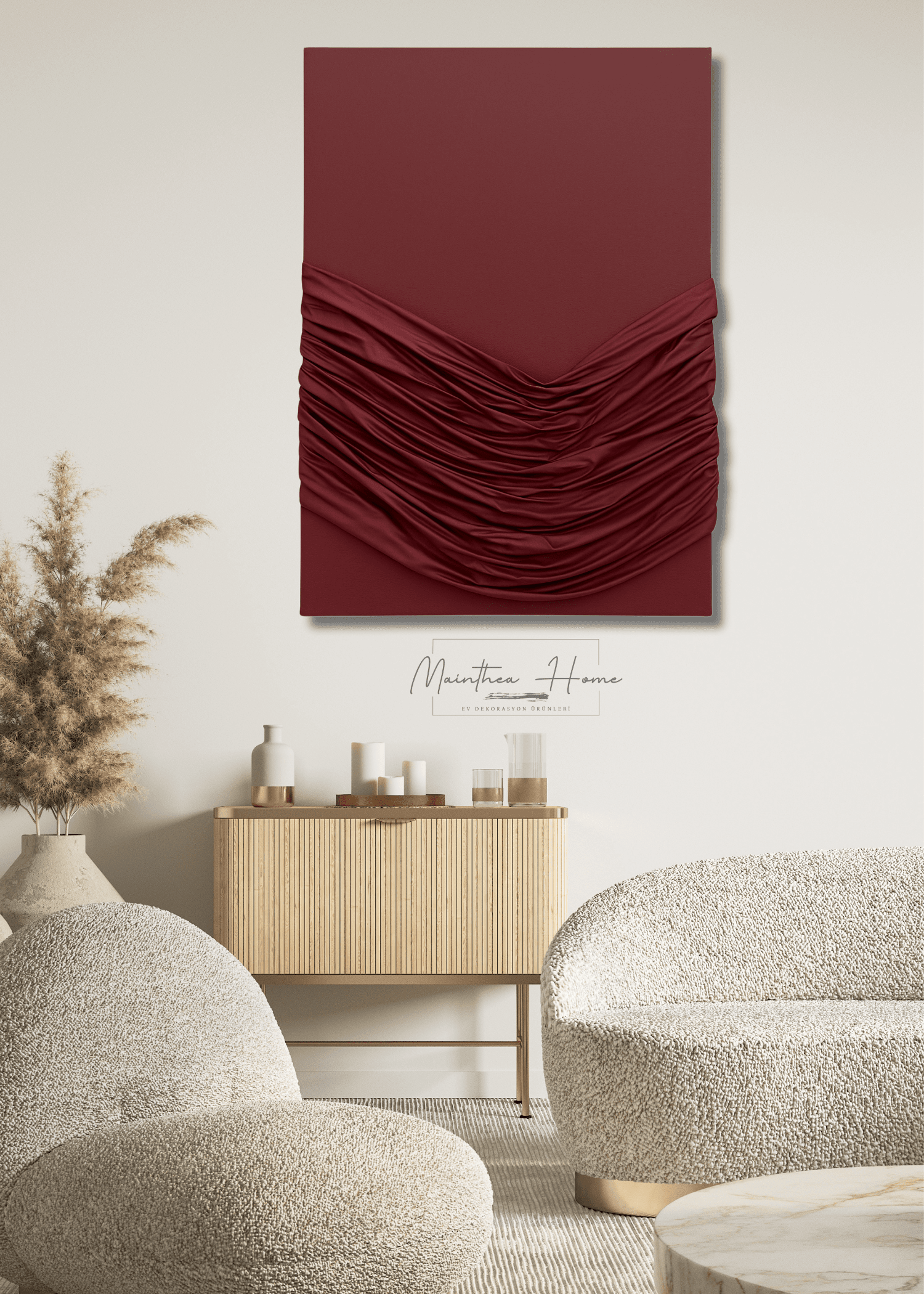 Dokulu Alçı Tablo - Zamansız Drape | El Yapımı 3D Dekoratif Duvar Tablosu - Bordo