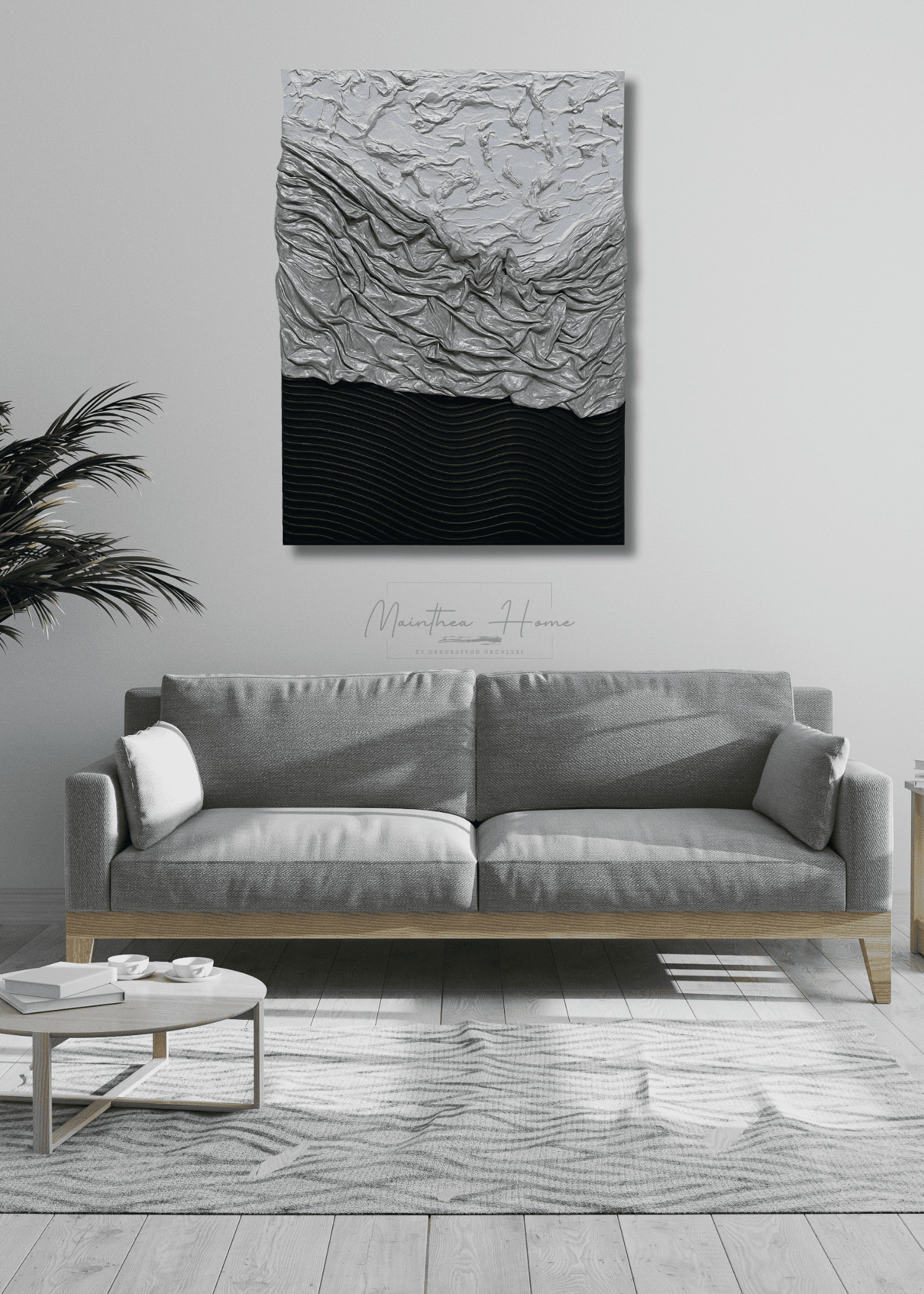 Dokulu Alçı Tablo Gizli Hareket | El Yapımı 3D Dekoratif Duvar Tablosu - Gümüş image