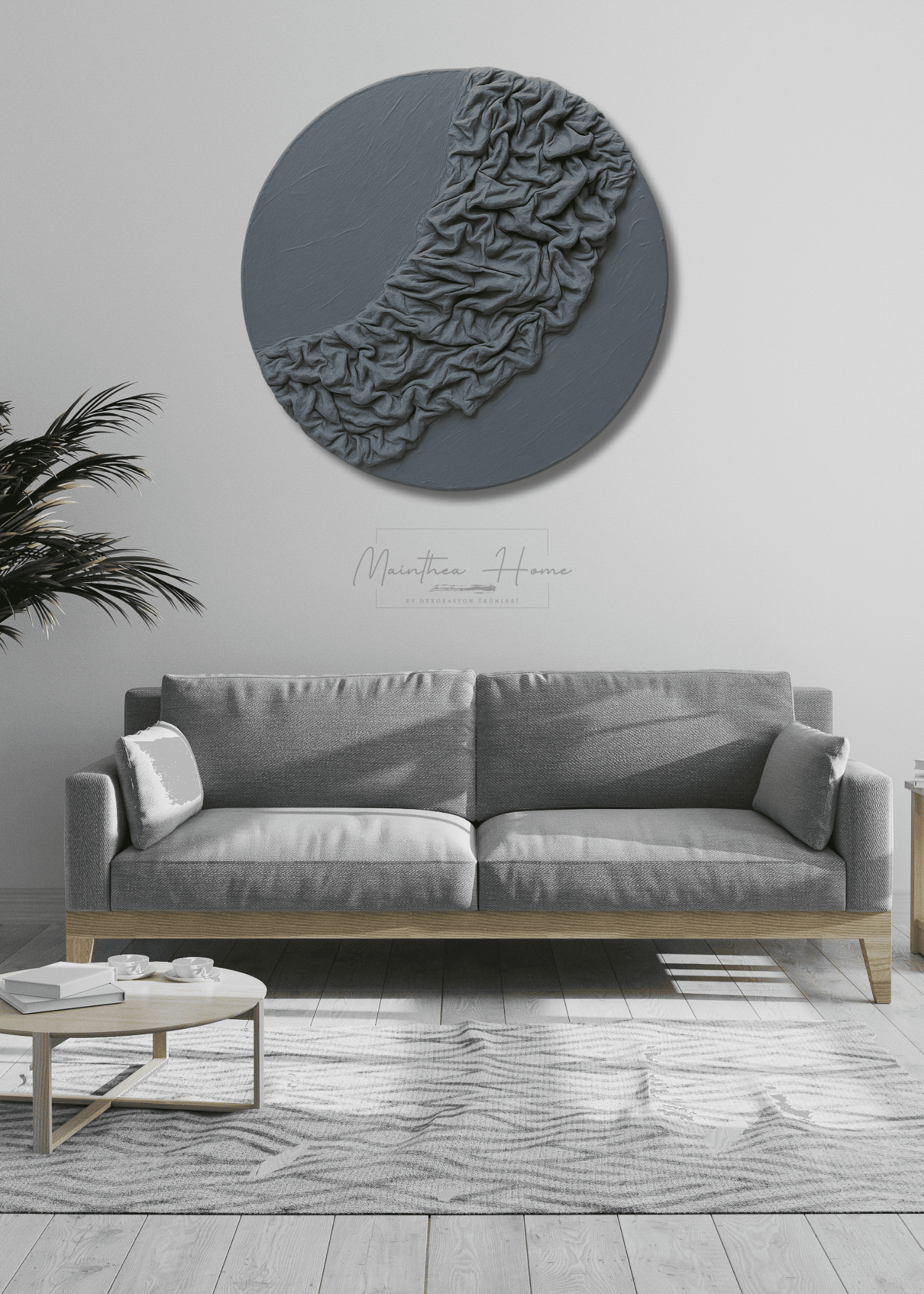 Dokulu Yuvarlak Alçı Tablo - Bulut Örtüsü | El Yapımı 3D Dekoratif Duvar Tablosu