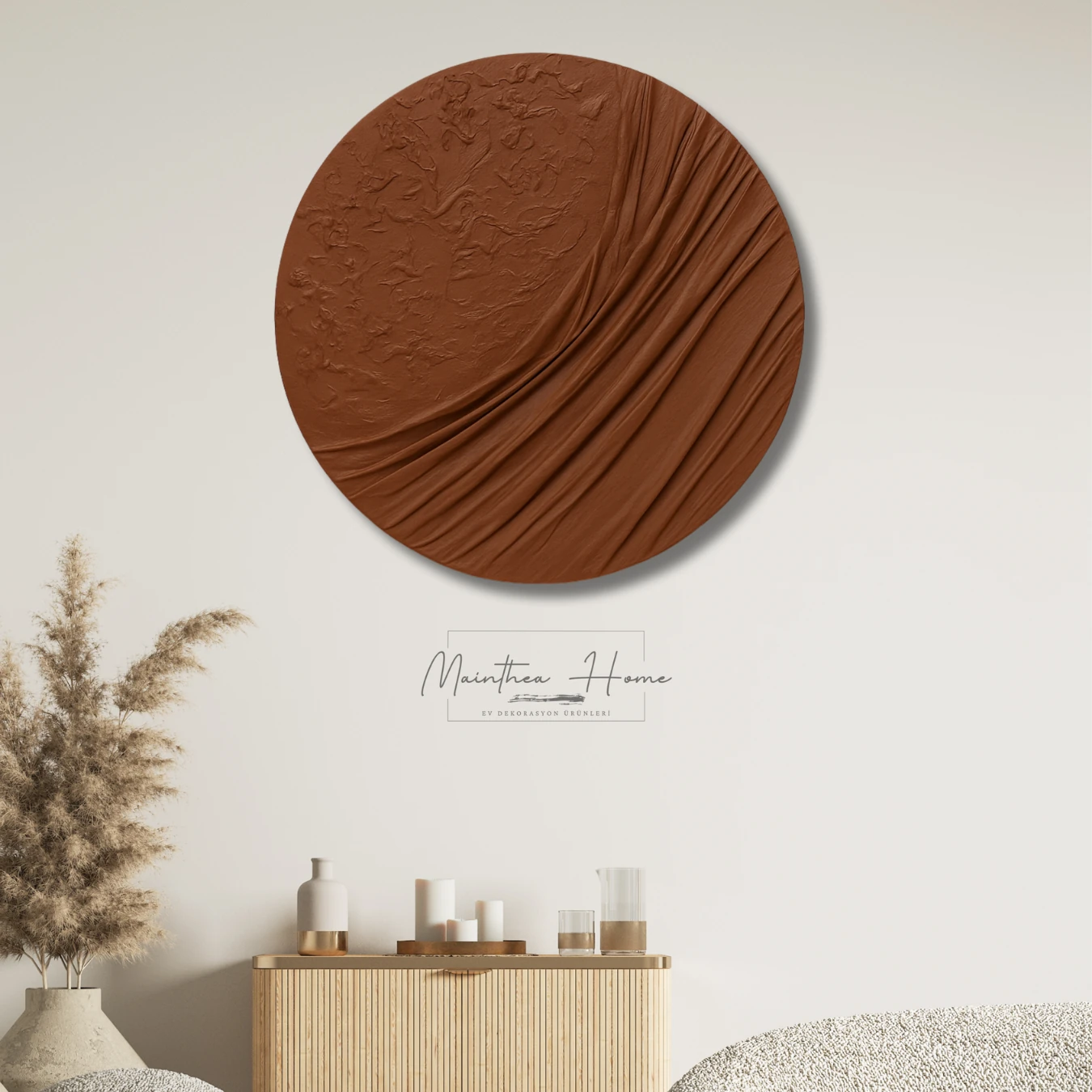 Dokulu Yuvarlak Alçı Tablo Ayın Yansısı | El Yapımı 3D Dekoratif Duvar Tablosu - Akik image