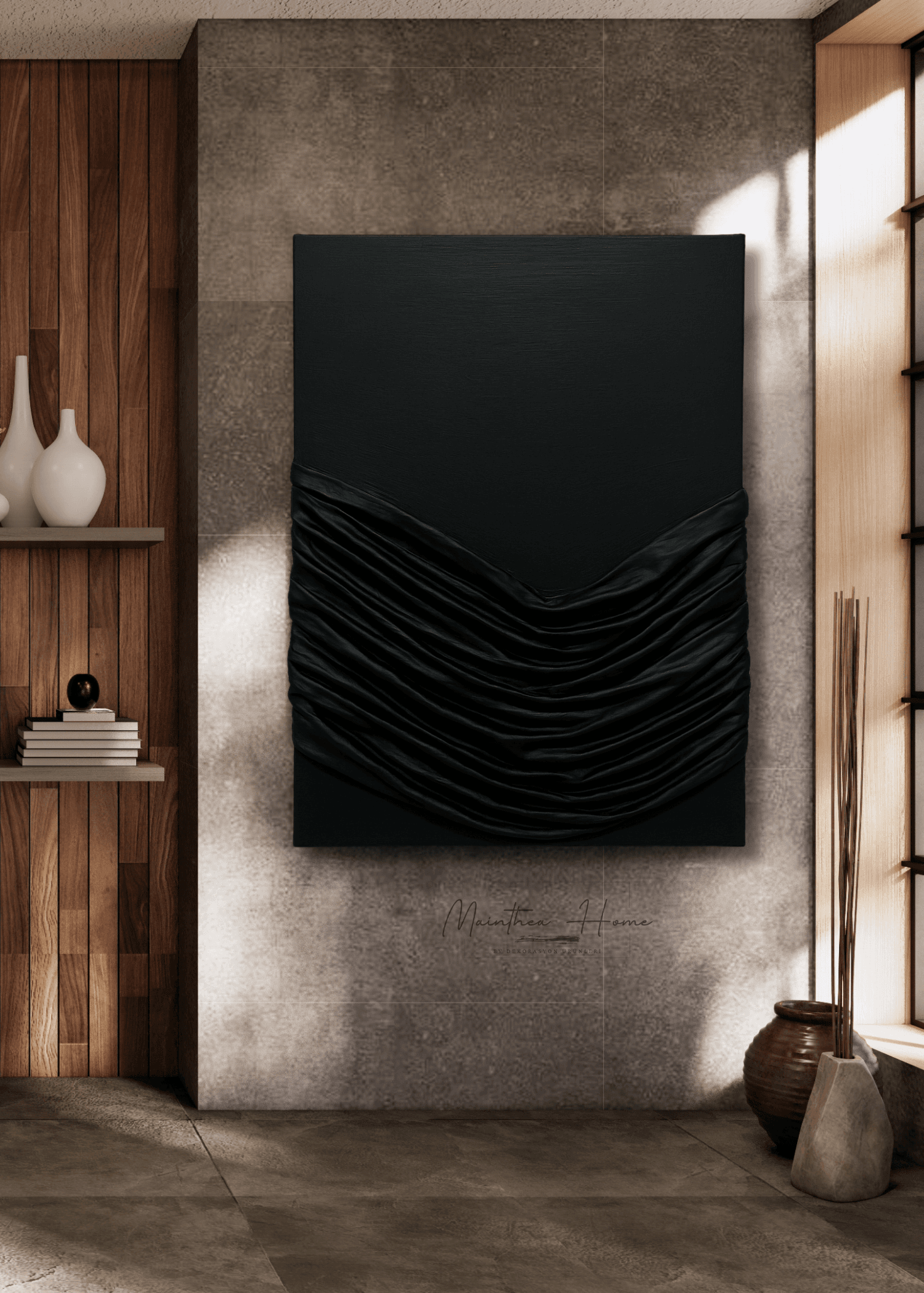 Dokulu Alçı Tablo - Zamansız Drape | El Yapımı 3D Dekoratif Duvar Tablosu - Siyah