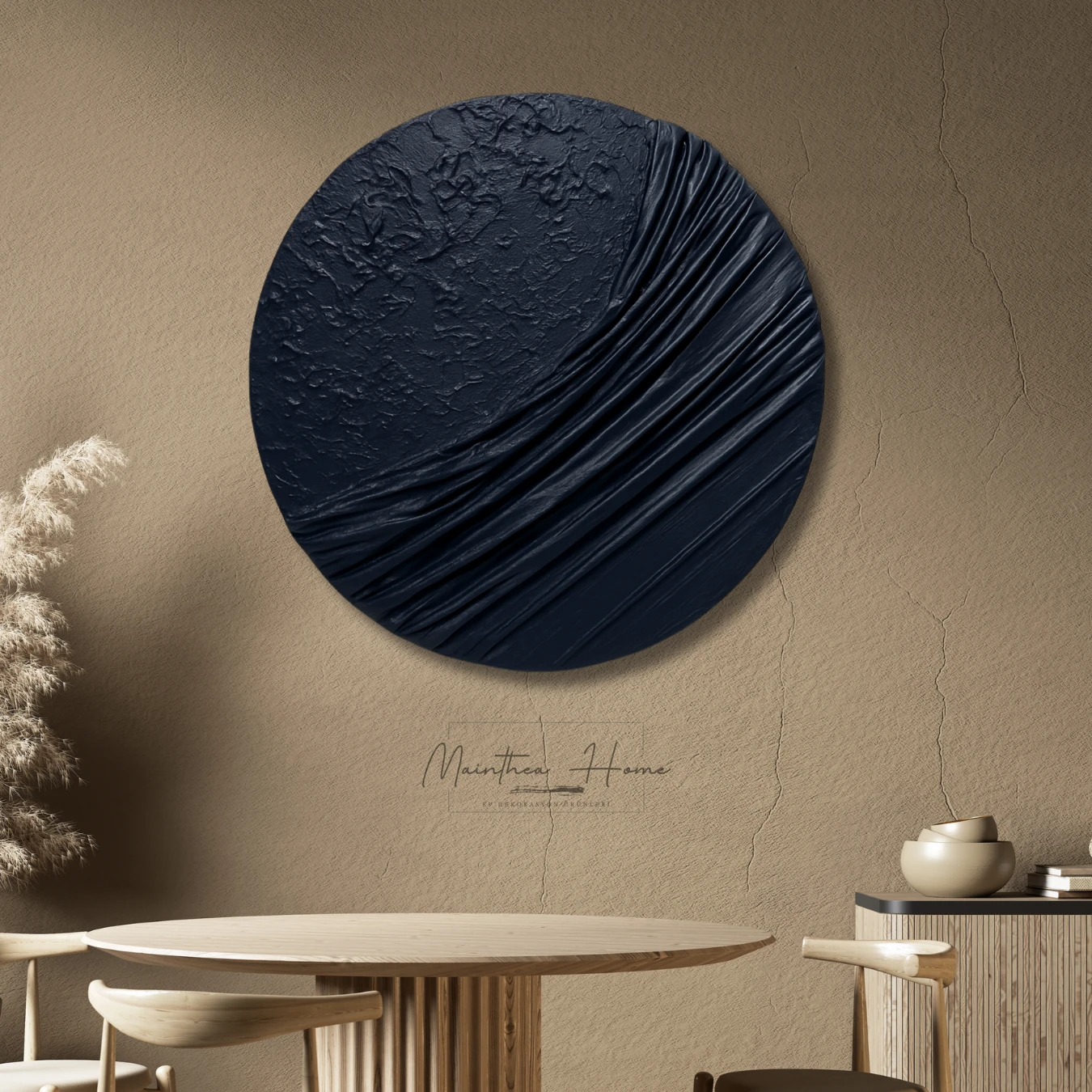 Dokulu Yuvarlak Alçı Tablo Ayın Yansısı | El Yapımı 3D Dekoratif Duvar Tablosu - Lacivert image