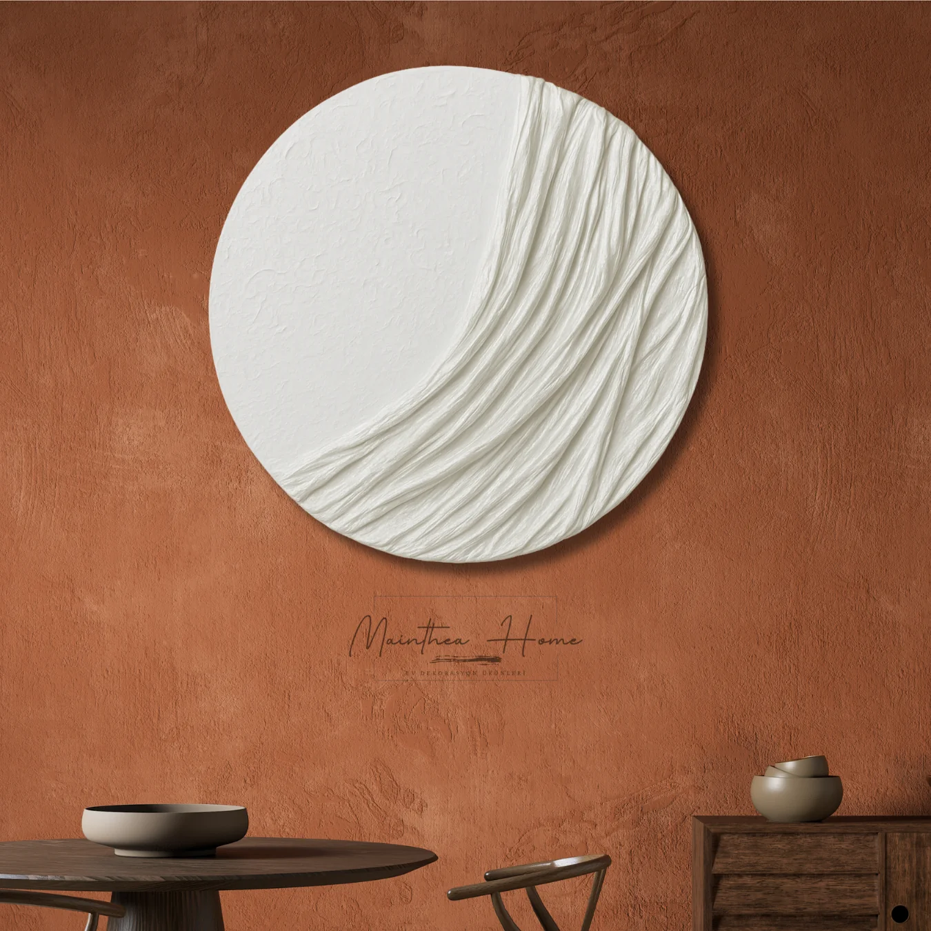 Dokulu Yuvarlak Alçı Tablo Ayın Yansısı | El Yapımı 3D Dekoratif Duvar Tablosu Metalik