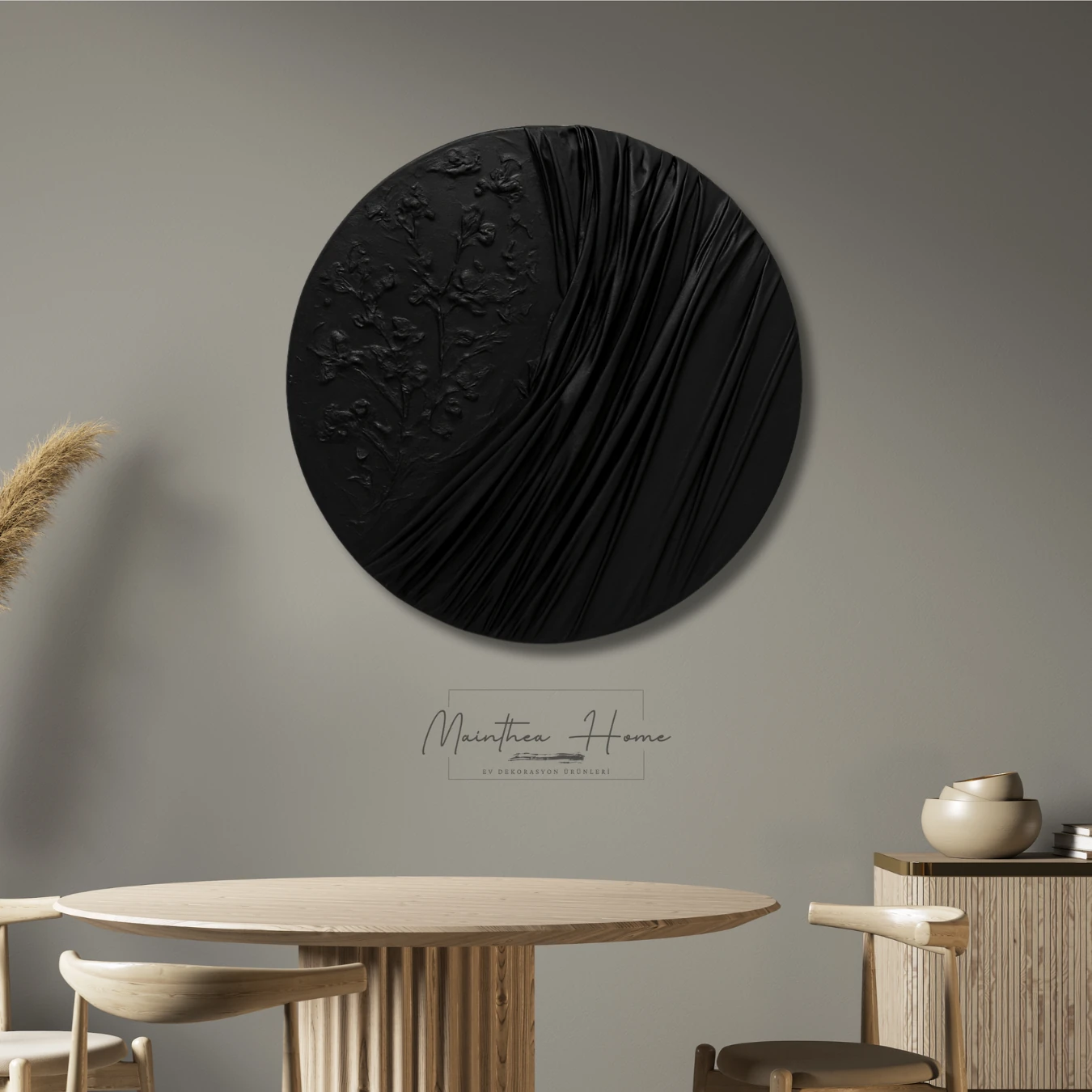 Dokulu Yuvarlak Alçı Tablo Ayın Yansısı | El Yapımı 3D Dekoratif Duvar Tablosu - Siyah image