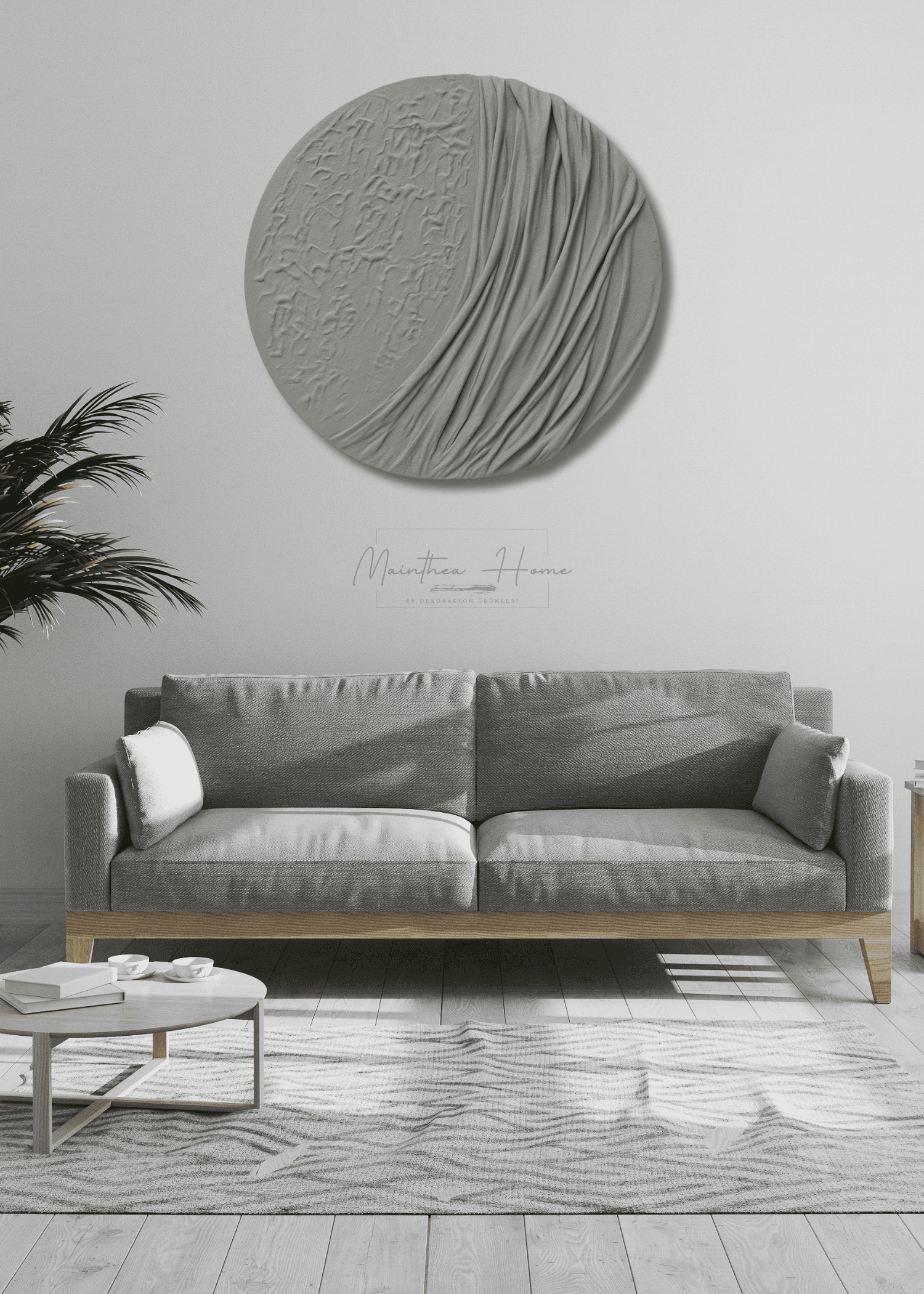 Dokulu Yuvarlak Alçı Tablo Ayın Yansısı | El Yapımı 3D Dekoratif Duvar Tablosu - Vizon Gri image