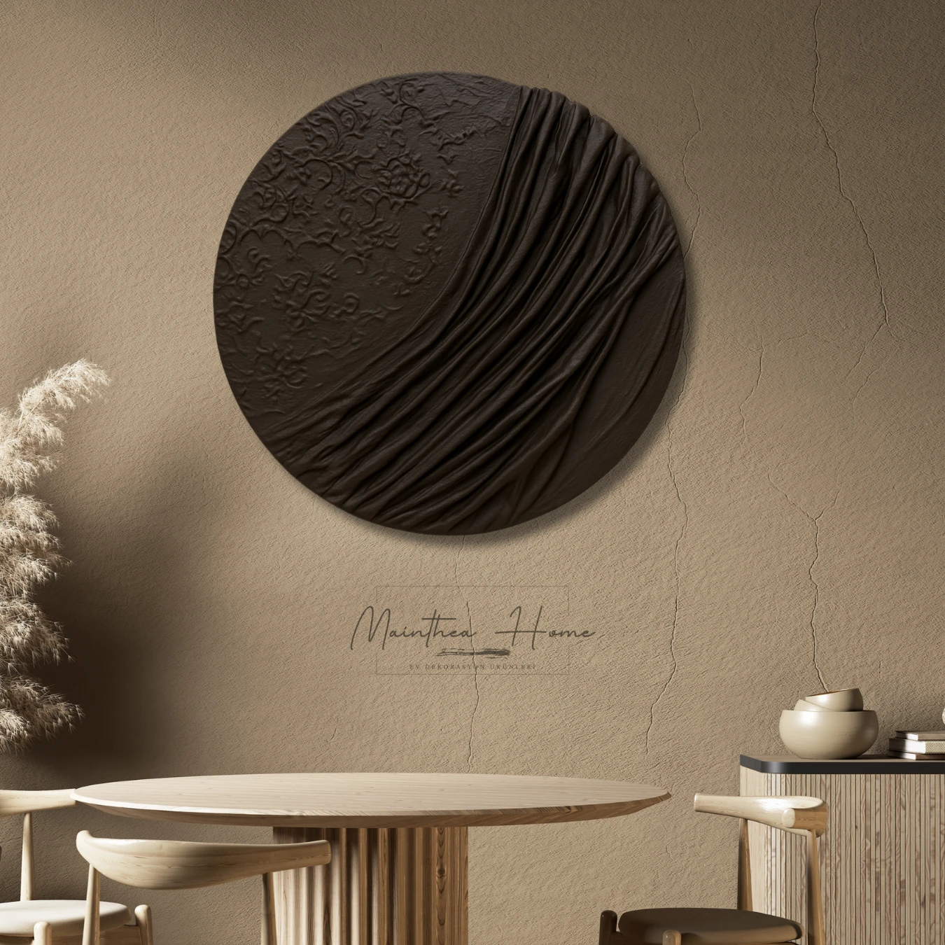 Dokulu Yuvarlak Alçı Tablo Ayın Yansısı | El Yapımı 3D Dekoratif Duvar Tablosu - Acı Kahve image