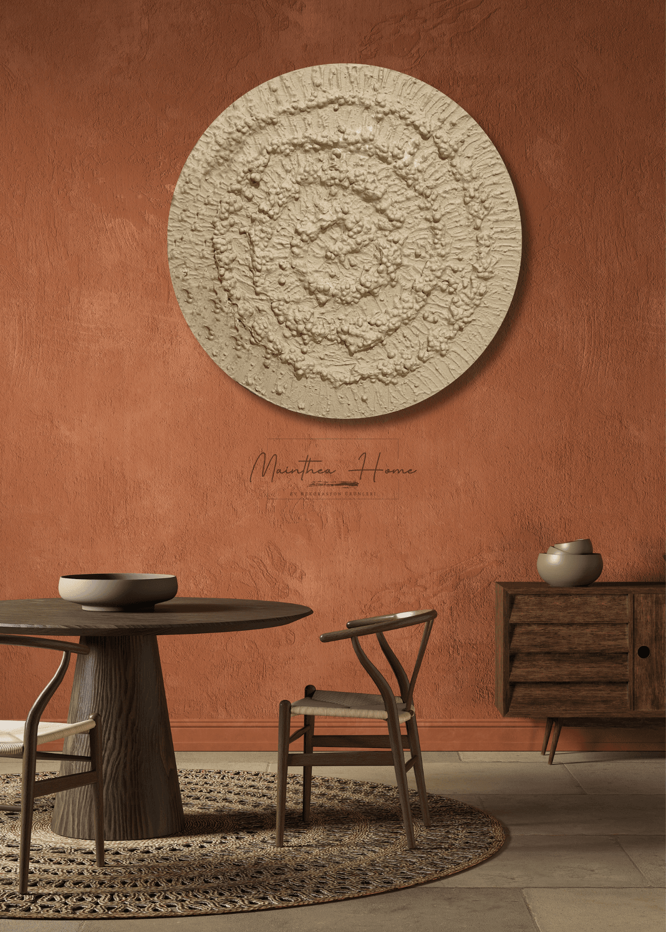 Dokulu Yuvarlak Alçı Tablo - Kozmik Döngü | El Yapımı 3D Dekoratif Duvar Tablosu - Linen
