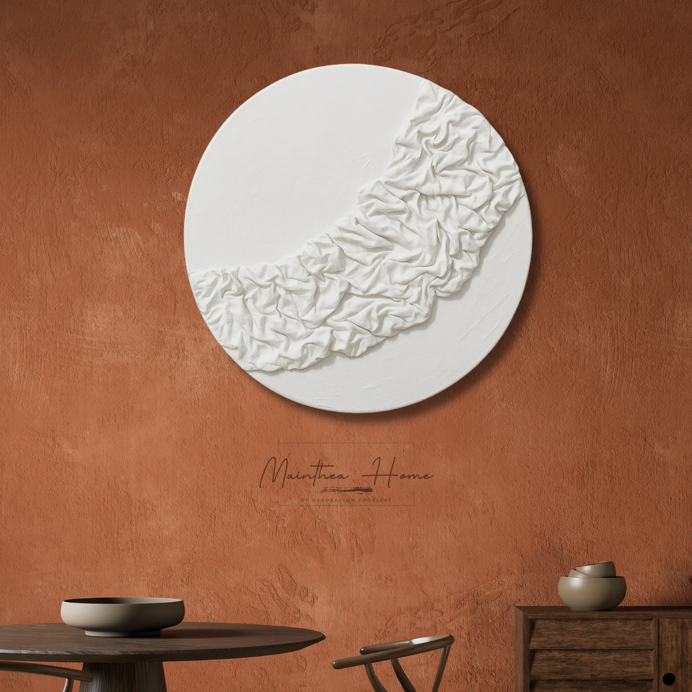 Dokulu Yuvarlak Alçı Tablo Bulut Örtüsü | El Yapımı 3D Dekoratif Duvar Tablosu - Beyaz image