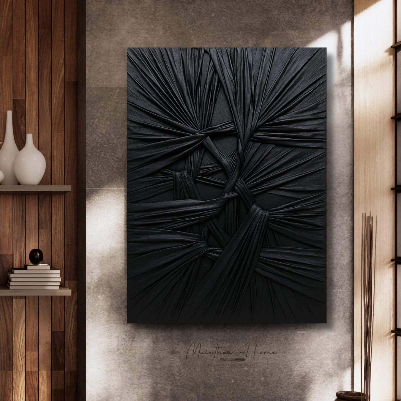 Dokulu Alçı Tablo - Bağların Ritmi | El Yapımı 3D Dekoratif Duvar Tablosu - Siyah image