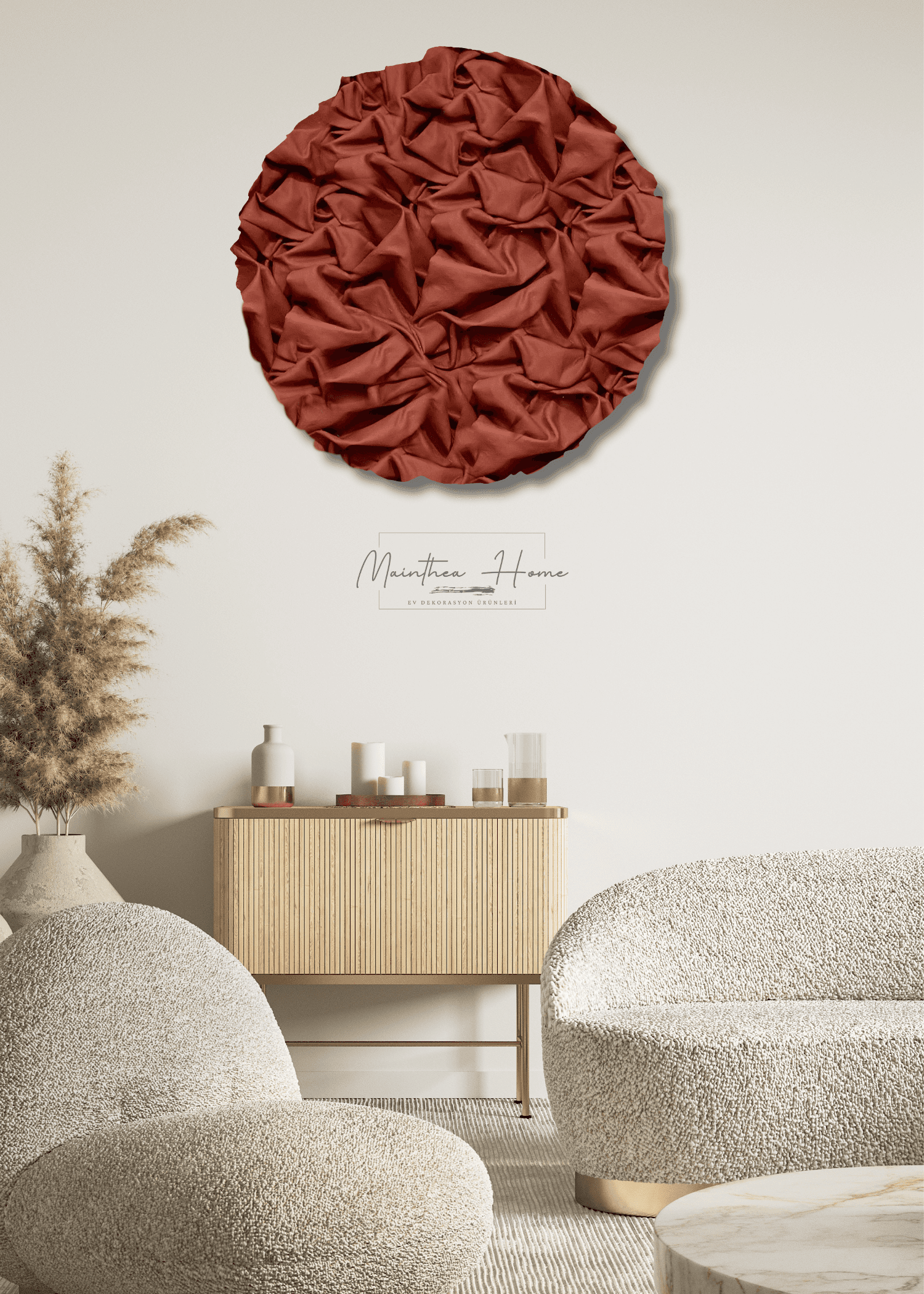 Dokulu Yuvarlak Alçı Tablo Sis Dalgası | El Yapımı 3D Dekoratif Duvar Tablosu - Kiremit image