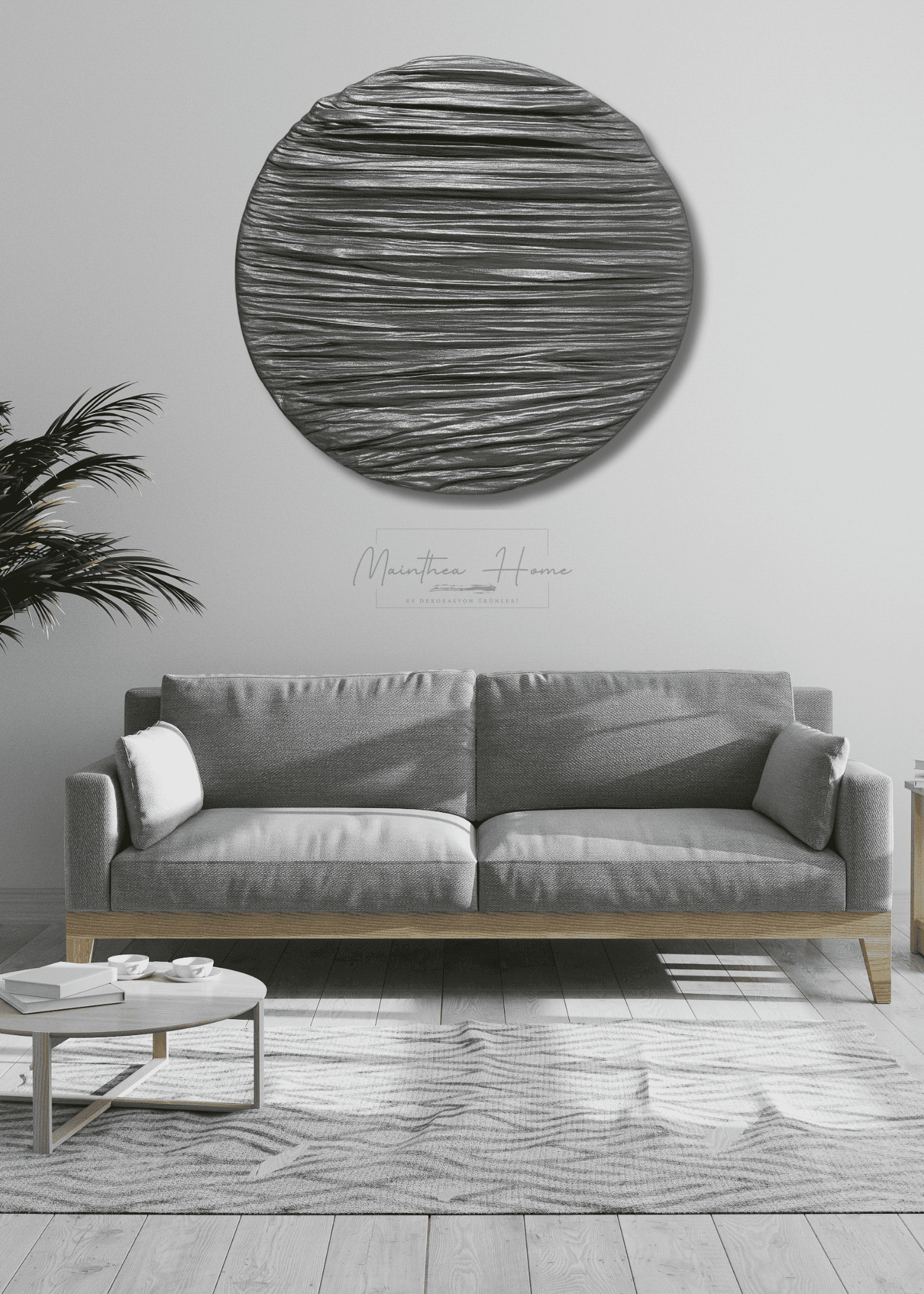 Dokulu Yuvarlak Alçı Tablo Sade Akış | El Yapımı 3D Dekoratif Duvar Tablosu Metalik