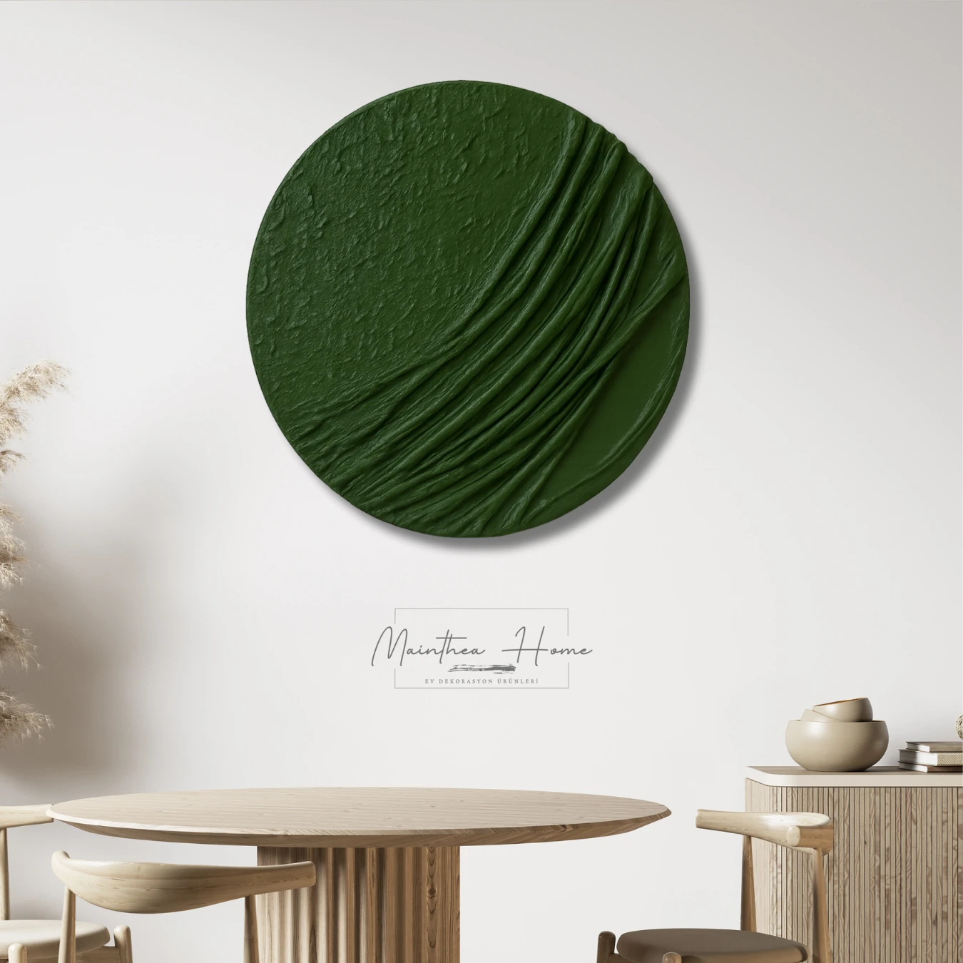 Dokulu Yuvarlak Alçı Tablo Ayın Yansısı | El Yapımı 3D Dekoratif Duvar Tablosu - Yaprak Yeşili image