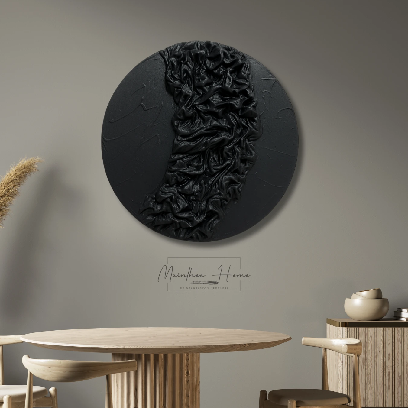 Dokulu Yuvarlak Alçı Tablo Bulut Örtüsü | El Yapımı 3D Dekoratif Duvar Tablosu - Siyah image