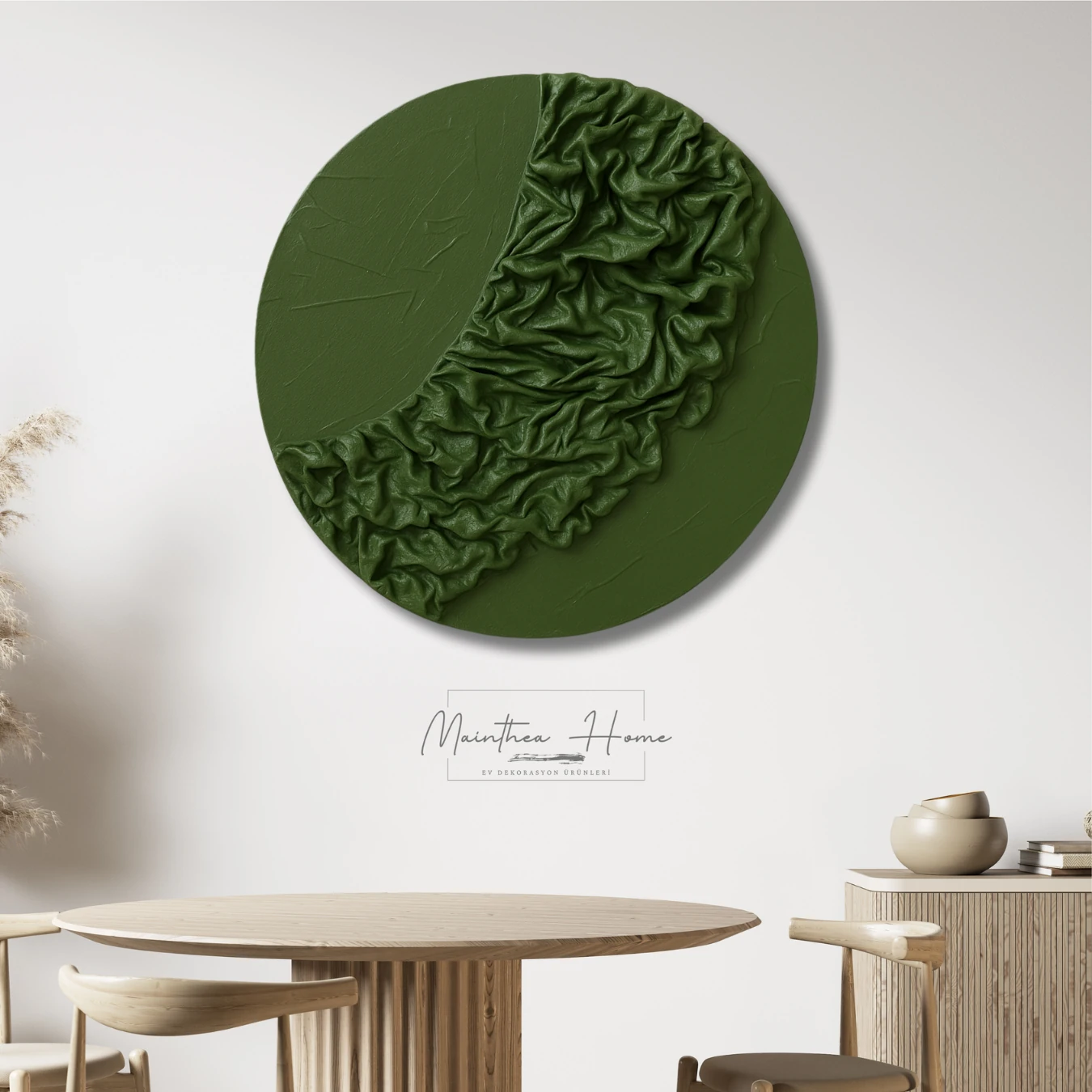 Dokulu Yuvarlak Alçı Tablo Bulut Örtüsü | El Yapımı 3D Dekoratif Duvar Tablosu - Yaprak Yeşili image