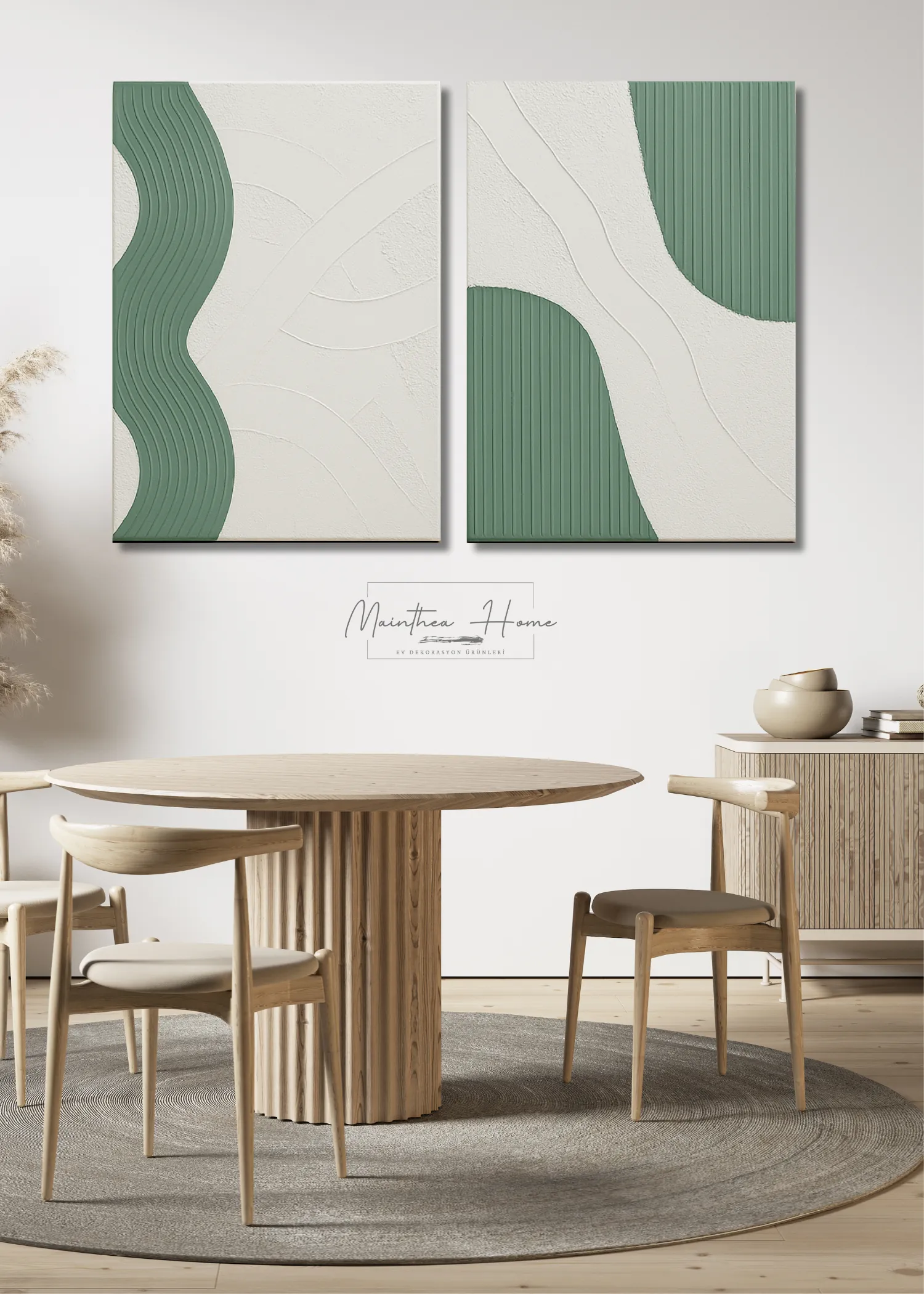 2'li Dokulu Alçı Tablo Statik Devrim| El Yapımı 3D Dekoratif Duvar Tablosu - Küf Yeşili image