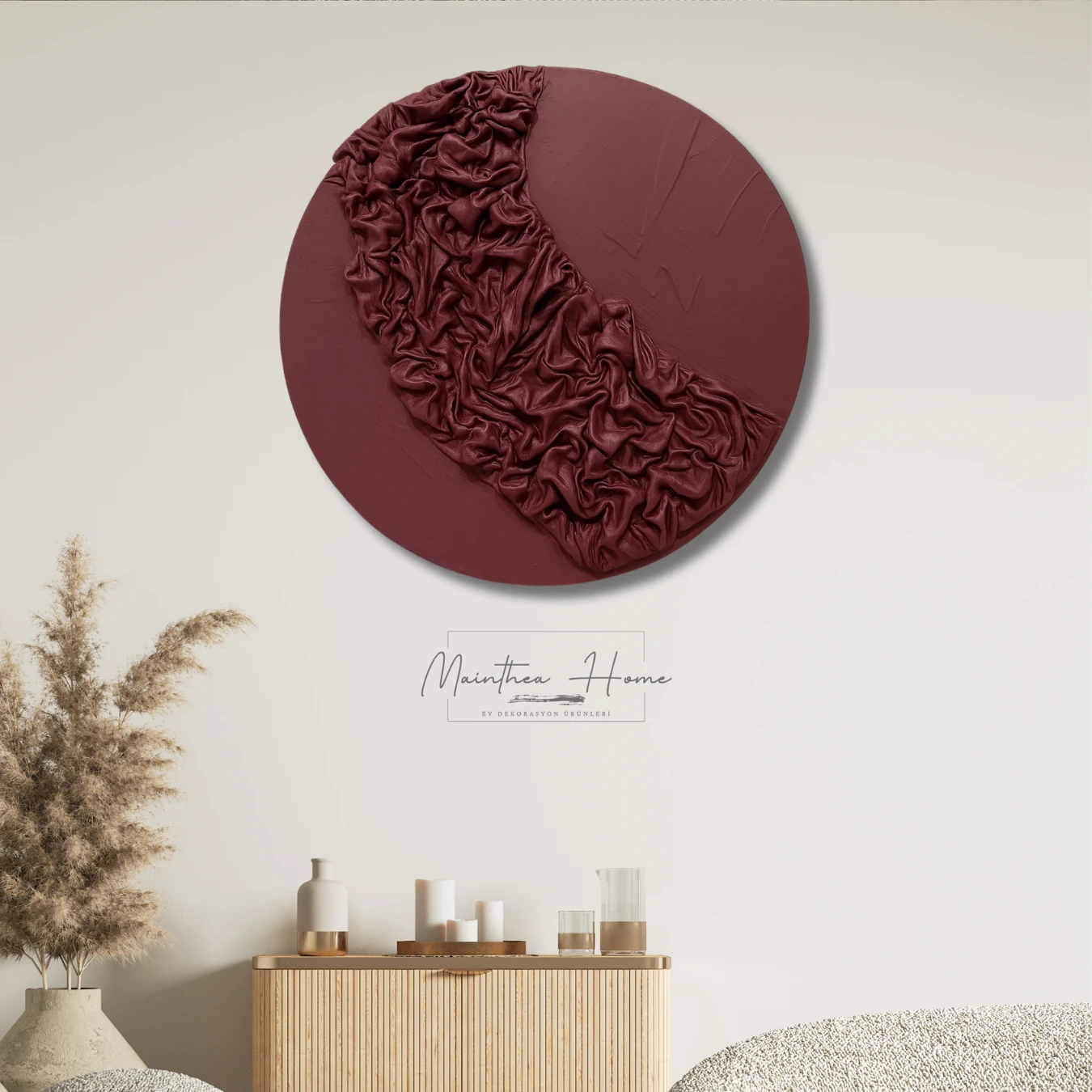 Dokulu Yuvarlak Alçı Tablo Bulut Örtüsü | El Yapımı 3D Dekoratif Duvar Tablosu - Bordo image