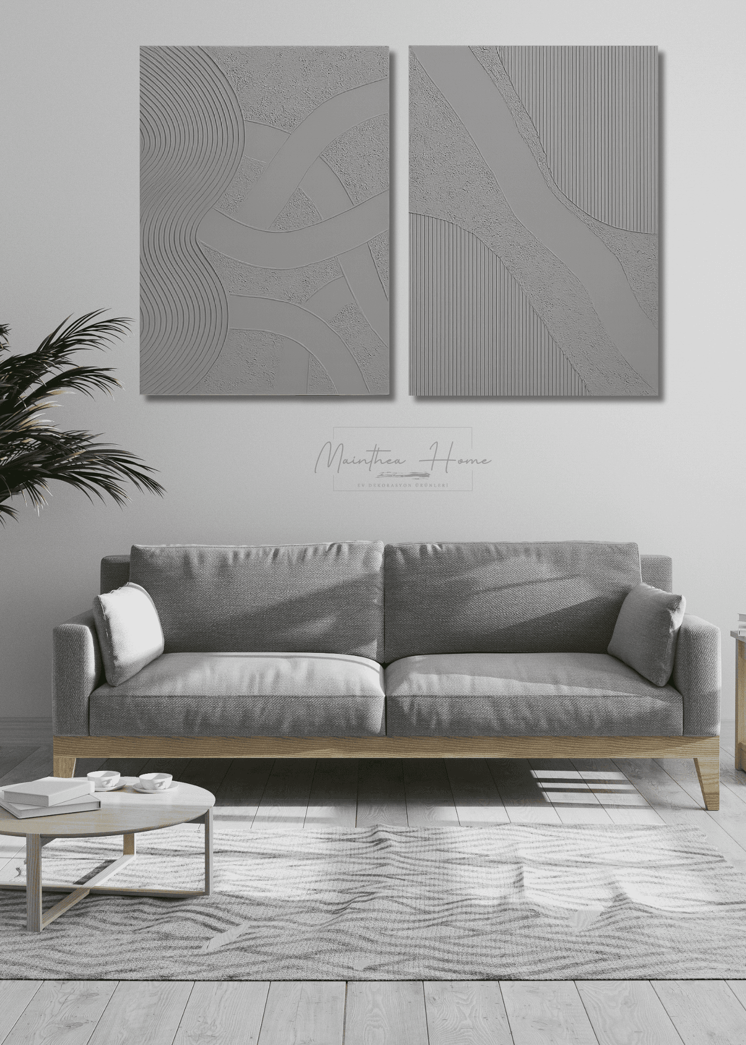 2'li Dokulu Alçı Tablo Zihnin Yolları | El Yapımı 3D Dekoratif Duvar Tablosu - Gri image