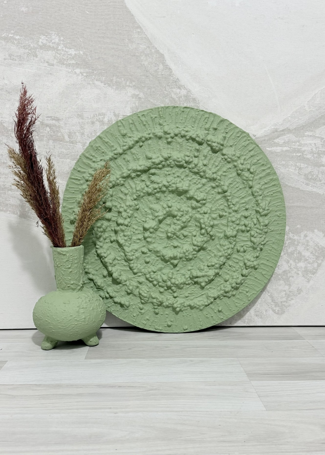 Dokulu Yuvarlak Alçı Tablo - Kozmik Döngü | El Yapımı 3D Dekoratif Duvar Tablosu - Su Yeşili