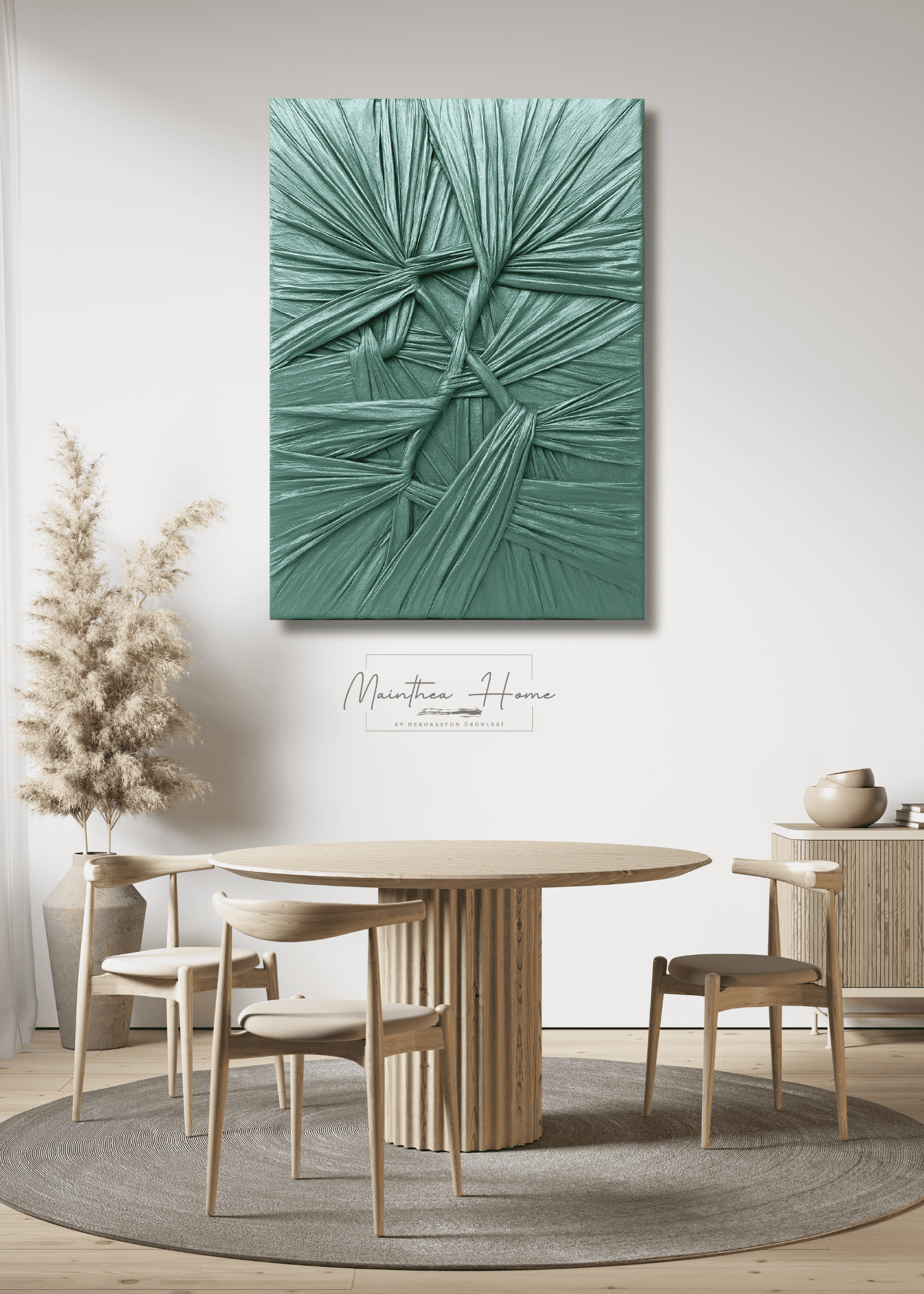 Dokulu Alçı Tablo - Bağların Ritmi | El Yapımı 3D Dekoratif Duvar Tablosu Metalik - Metalik Mint Yeşili image