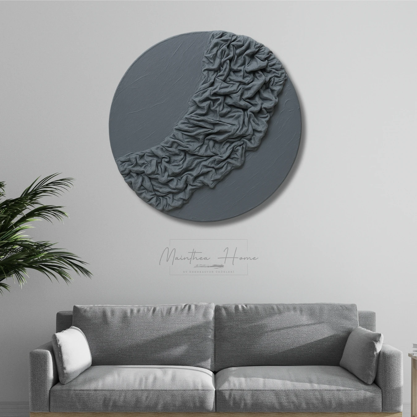 Dokulu Yuvarlak Alçı Tablo Bulut Örtüsü | El Yapımı 3D Dekoratif Duvar Tablosu - Arduvaz Gri image
