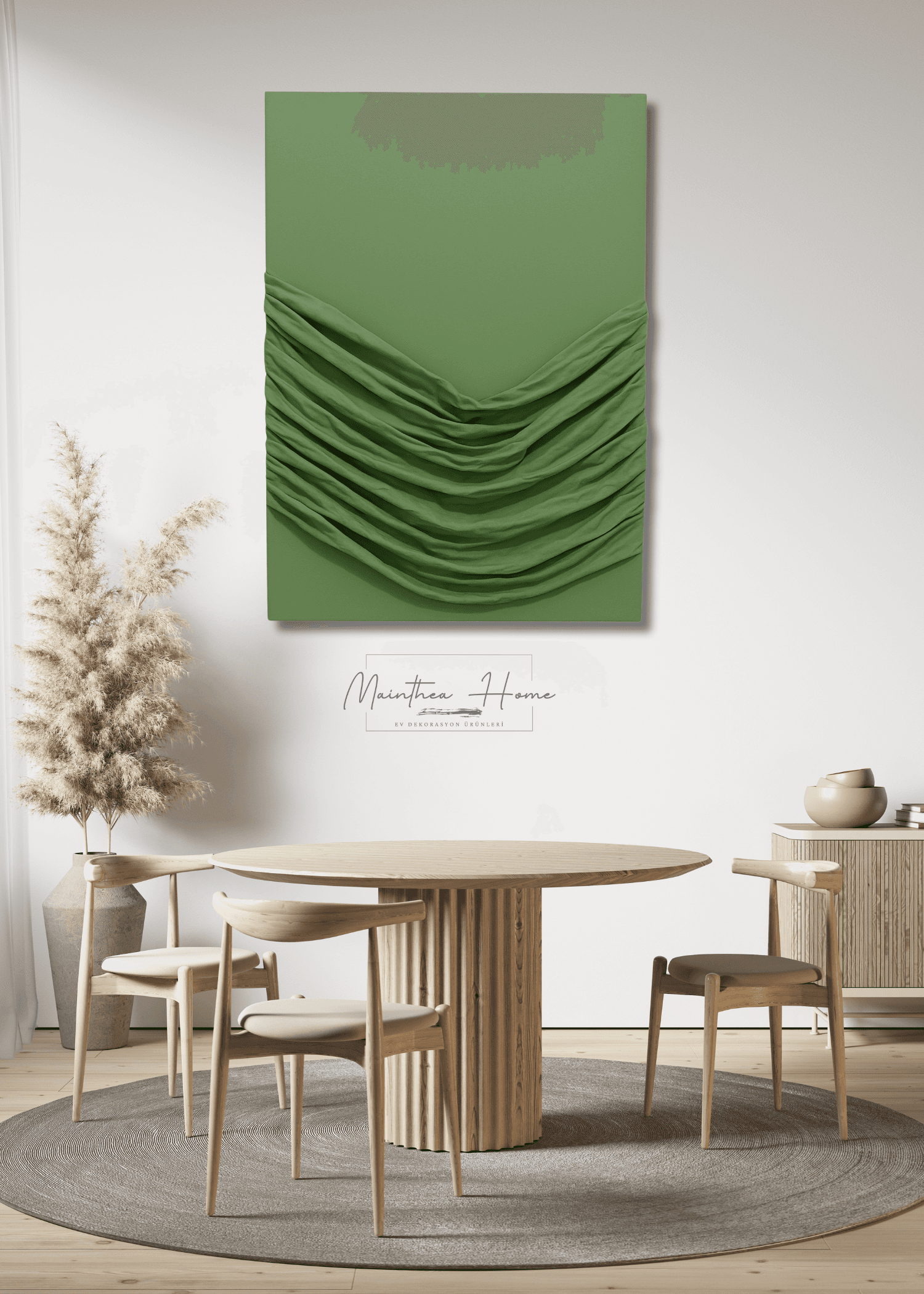 Dokulu Alçı Tablo - Zamansız Drape | El Yapımı 3D Dekoratif Duvar Tablosu - Su Yeşili