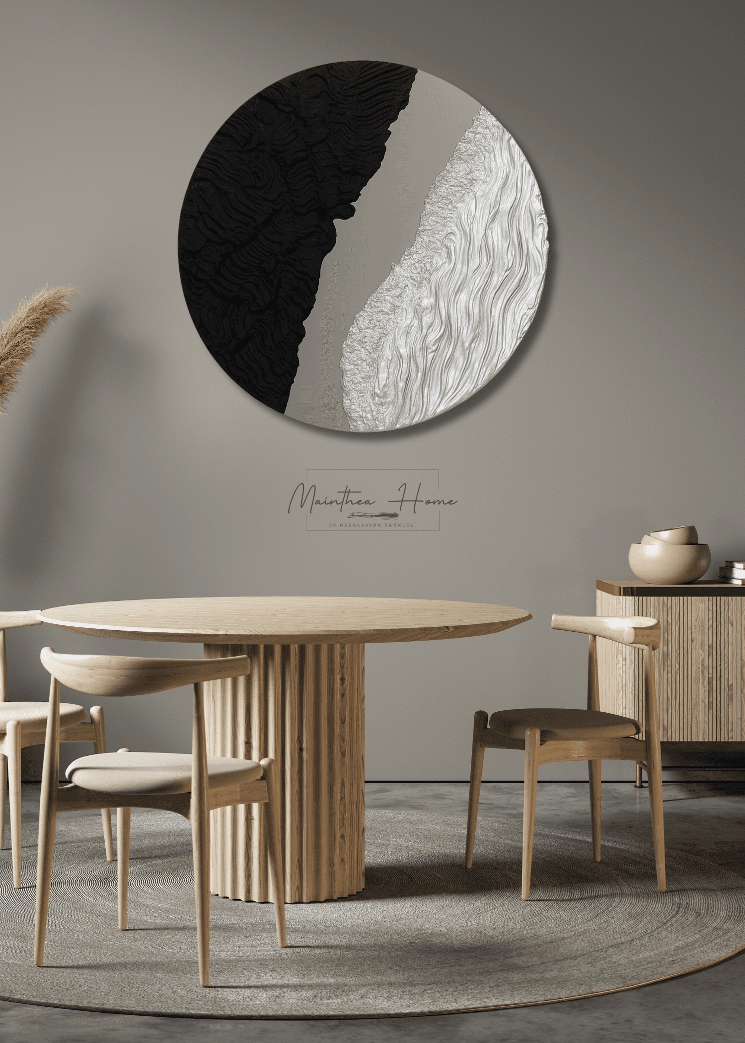 Dokulu Yuvarlak Alçı Tablo JeoForm | El Yapımı 3D Dekoratif Duvar Tablosu Metalik - Gümüş image