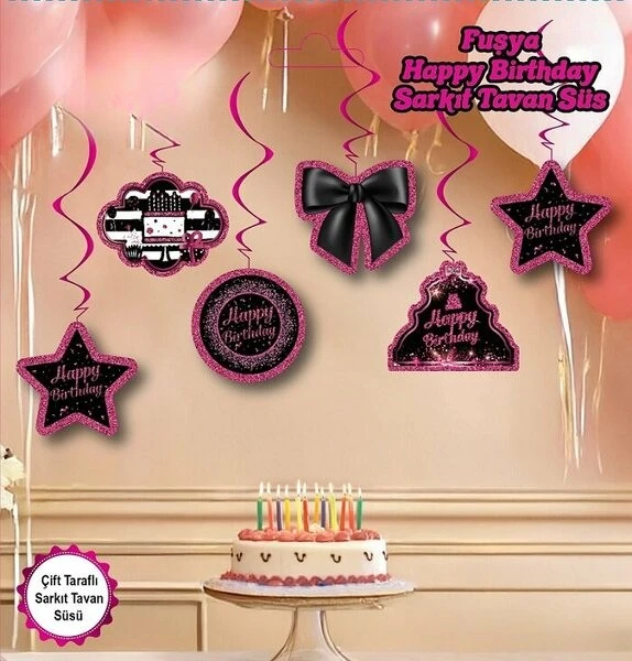 6'lı Tavan Süs Fuşya Siyah Happy Birthday