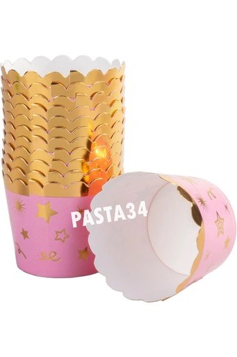 Metalik Cupcake Kapsül Pembe Gold Yıldızlı 12'li 65x54 mm