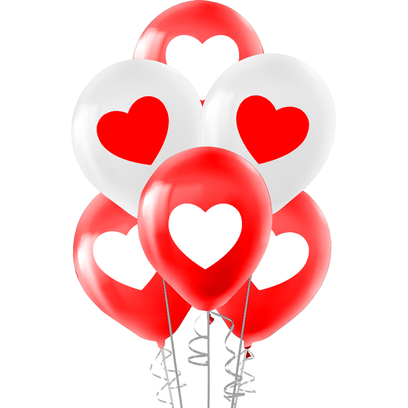 Baskılı Büyük Balon Pastel Kalp Kırmızı Beyaz 5'li