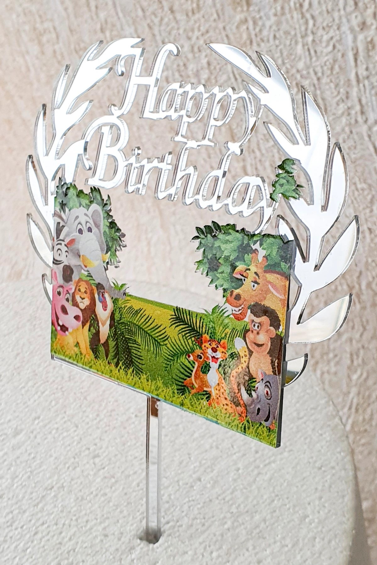 Pleksi Pasta Süsü Safari Gümüş Happy Birthday