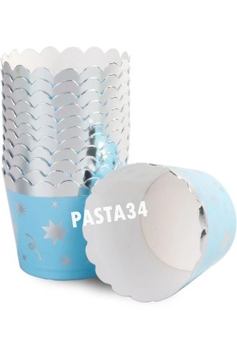 Metalik Cupcake Kapsül Mavi Gümüş Yıldızlı 12'li 65x54 mm