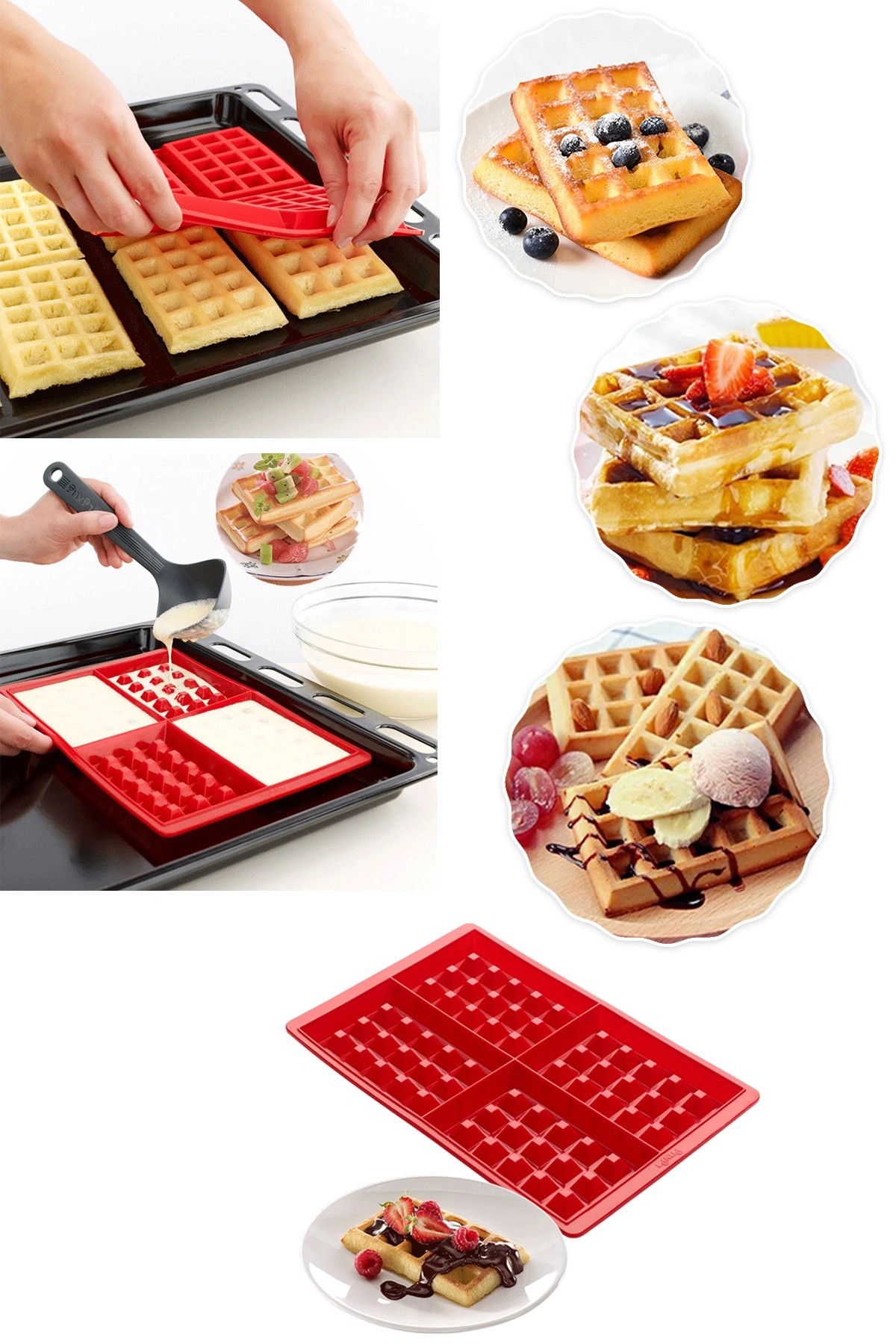 Silikon Dikdörtgen Waffle Kalıbı Kırmızı