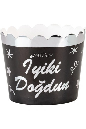 Siyah Gümüş İyiki Doğdun 12'li Metalik Cupcake Kapsül 65X54 mm