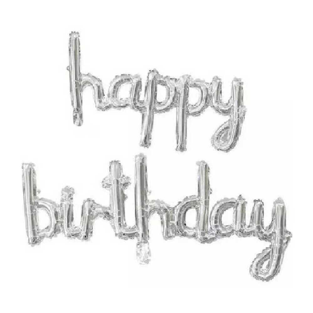 Folyo Balon Happy Birthday Kaligrafi Gümüş
