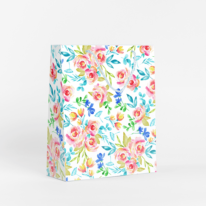 Desenli Saplı Karton Çanta Çiçek Figürlü 25x30x9