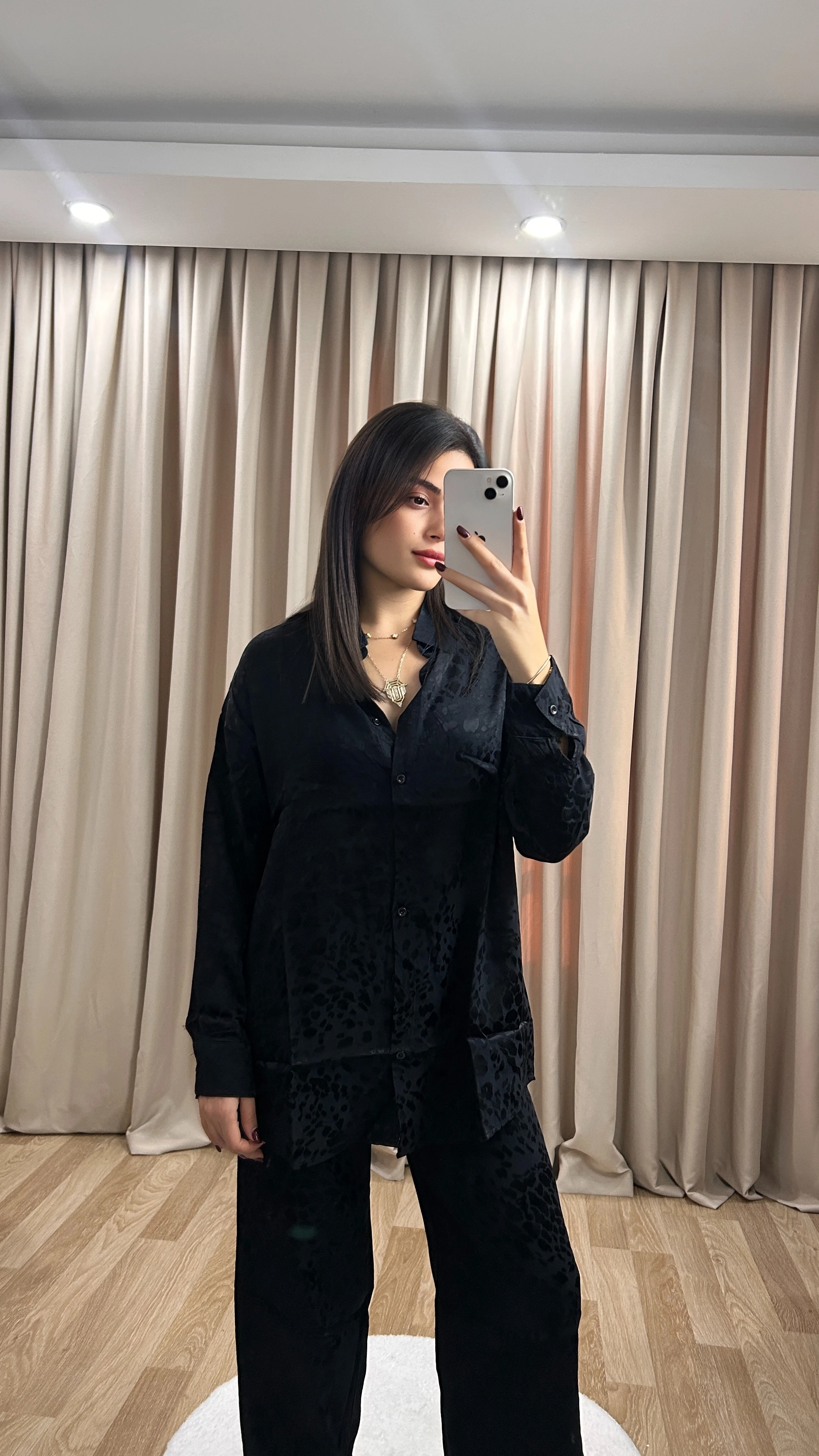 LEOPAR DESENLİ SATEN İKİLİ TAKIM - Siyah